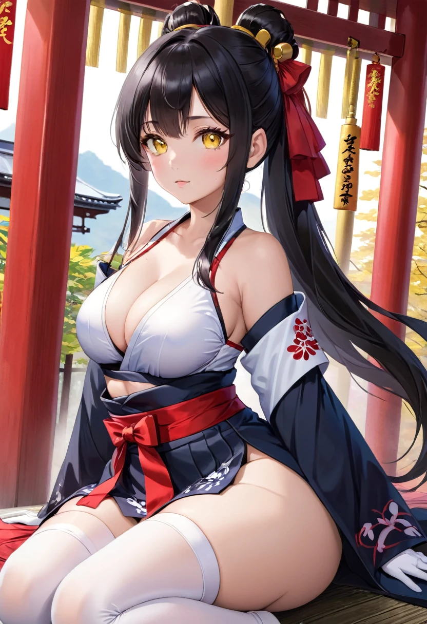 multiple girls, two girls, pair, twins, long hair, ponytail, breasts, looking at viewer, black hair, hair accessory, gloves, sitting, yellow eyes, thighs, white gloves, exposed navel, thigh straps, heterochromia, skimpy clothing, chest curtains, very large breasts, sleeves removed, kimono, sky, wide sleeves, armpits, , red ribbon, bells, sideboob, ribbon trim, hakama, hakama skirt, non-traditional shrine maiden, ribbon trimmed sleeves, shrine maiden, tabi, short hakama skirt, red hakama, hip vents, ribbon trimmed legwear,