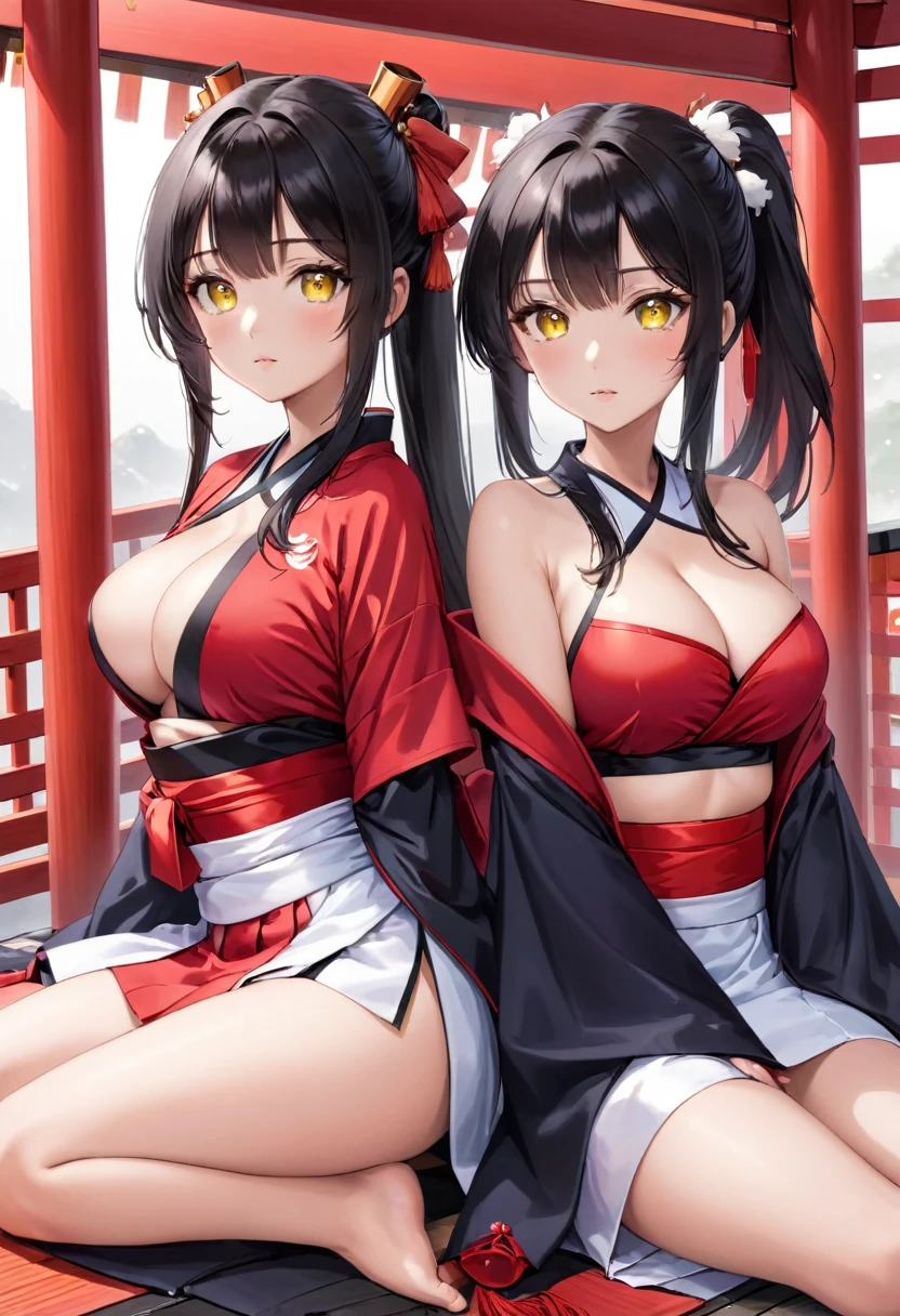 multiple girls, two girls, pair, twins, long hair, ponytail, breasts, looking at viewer, black hair, hair accessory, gloves, sitting, yellow eyes, thighs, white gloves, exposed navel, thigh straps, heterochromia, skimpy clothing, chest curtains, very large breasts, sleeves removed, kimono, sky, wide sleeves, armpits, , red ribbon, bells, sideboob, ribbon trim, hakama, hakama skirt, non-traditional shrine maiden, ribbon trimmed sleeves, shrine maiden, tabi, short hakama skirt, red hakama, hip vents, ribbon trimmed legwear,