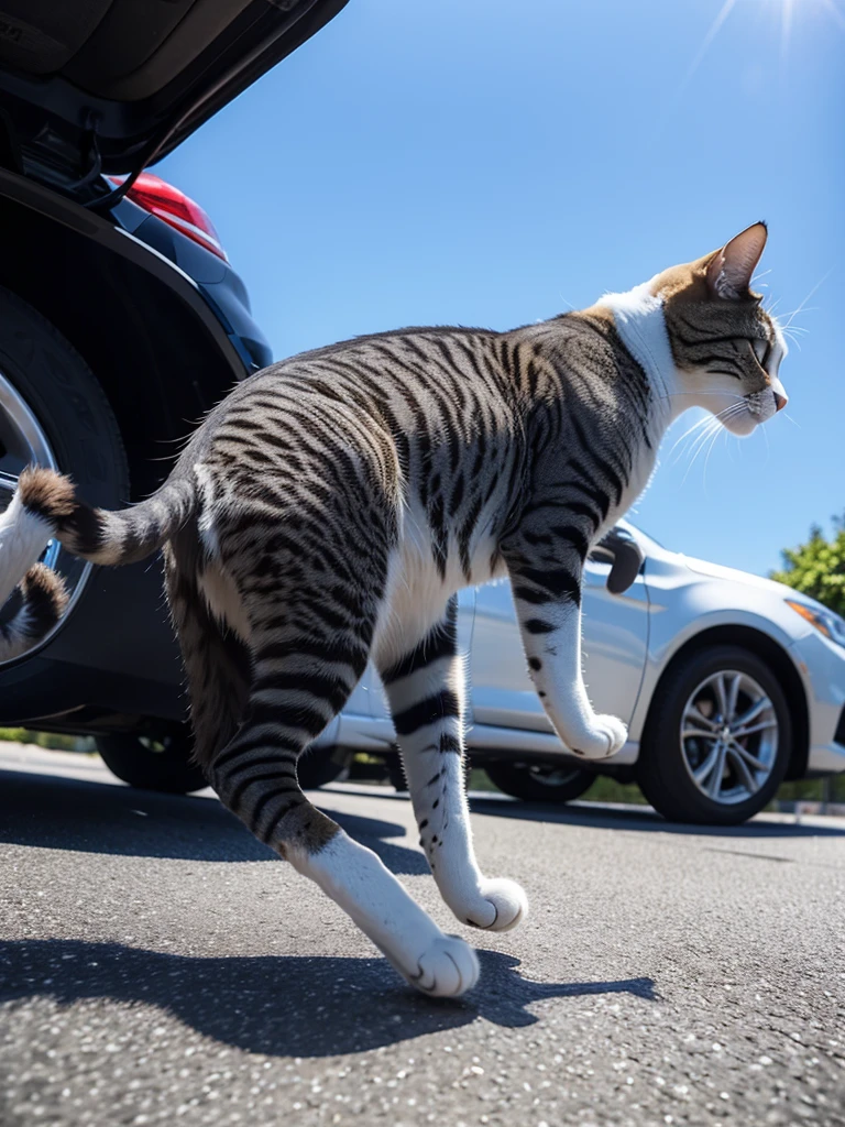 Side view of a cat escaping from under a car in a parking scene with a blue sky and bright sunshine