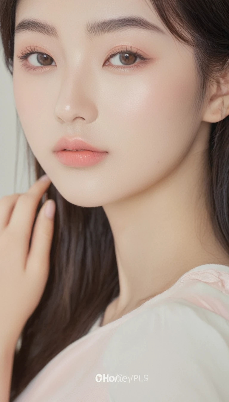 medium wide close-up, potrait, wide shoot, profile photo, front photo, 1girl, woman, (Photorealsitic)、(intricate detailes:1.2)、(​masterpiece、:1.3)、beauty face, (top-quality:1.4)、(超A high resolution:1.2)、超A high resolution、(A detailed eye)、(detailed facial features), ((Realistic lighting、top-quality、8K、natural light, ​masterpiece:1.3))、bright photo, Clear focus:1.2、1girl in、flawless beauty:1.4、Superfine Face、Narrow-eyed、double eyelid、photos realistic, perfect eyes, perfect skin, detailed skin, detailed face, looking viewer, front view, potrait, raw photo, simple soft pink background, (intricate detailed skin textured:1.4) front view, looking viewer, clear face,  1 girl、porate、Bright and very beautiful face、beautiful girl, A stunning close-up portrait showcasing the beauty of a Korean model. The composition features soft, natural lighting , bright eyes, and striking cheekbones. Her glossy,  The background is simply white background,  wear sweetshirt, neat hair, long hair, instagram model, profil picture, bright and natural