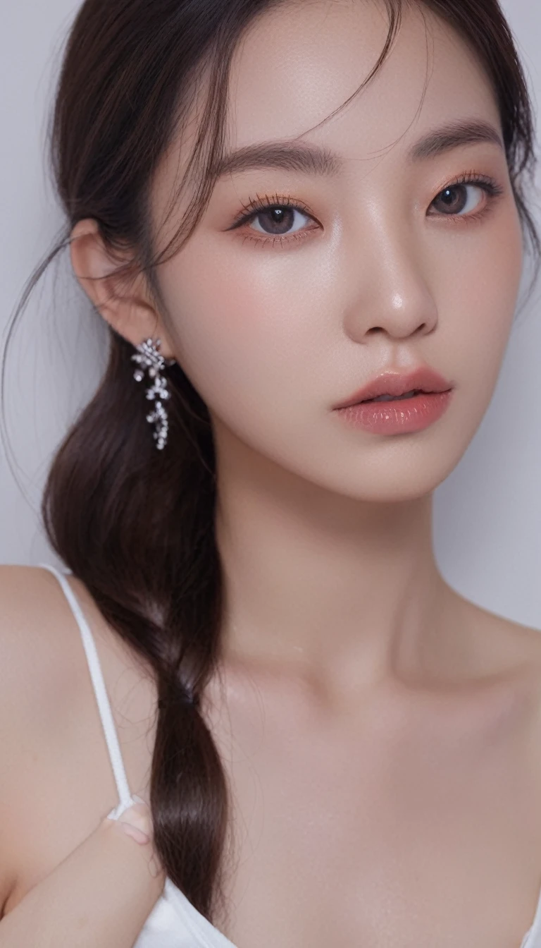 medium wide close-up, potrait, wide shoot, profile photo, front photo, 1girl, woman, (Photorealsitic)、(intricate detailes:1.2)、(​masterpiece、:1.3)、beauty face, (top-quality:1.4)、(超A high resolution:1.2)、超A high resolution、(A detailed eye)、(detailed facial features), ((Realistic lighting、top-quality、8K、natural light, ​masterpiece:1.3))、bright photo, Clear focus:1.2、1girl in、flawless beauty:1.4、Superfine Face、Narrow-eyed、double eyelid、photos realistic, perfect eyes, perfect skin, detailed skin, detailed face, looking viewer, front view, potrait, raw photo, simple soft pink background, (intricate detailed skin textured:1.4) front view, looking viewer, clear face,  1 girl、porate、Bright and very beautiful face、beautiful girl, A stunning close-up portrait showcasing the beauty of a Korean model. The composition features soft, natural lighting , bright eyes, and striking cheekbones. Her glossy,  The background is simply white background,  wear sweetshirt, neat hair, long hair, instagram model, profil picture, bright and natural