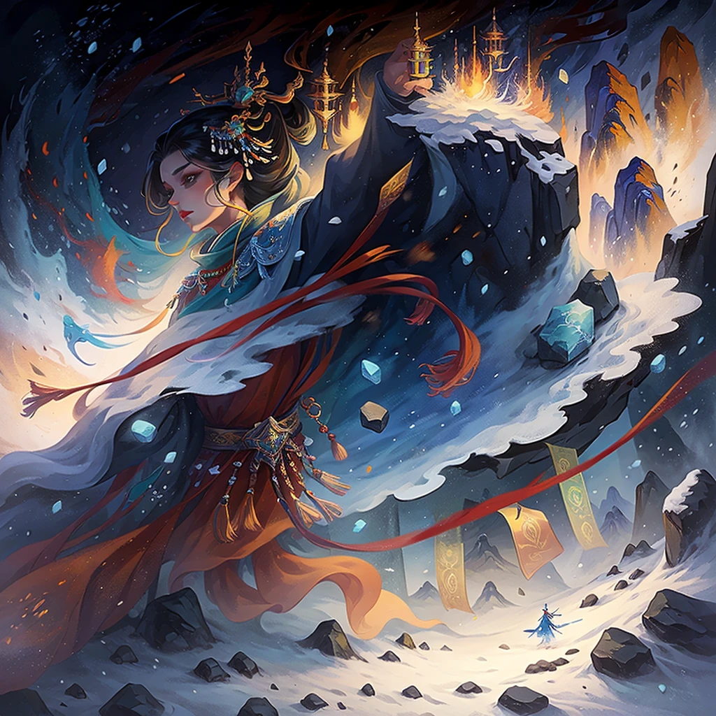 painting of a snowy mountain path with tibetan prayer flags, painterly illustration, colorful concept art, a beautiful artwork illustration, jen bartel, in the snow mountains, colorful digital painting, painterly concept art, by Simon Gaon, winter concept art, inspired by Tuomas Korpi, jessica rossier color scheme, with a snowy mountain and ice