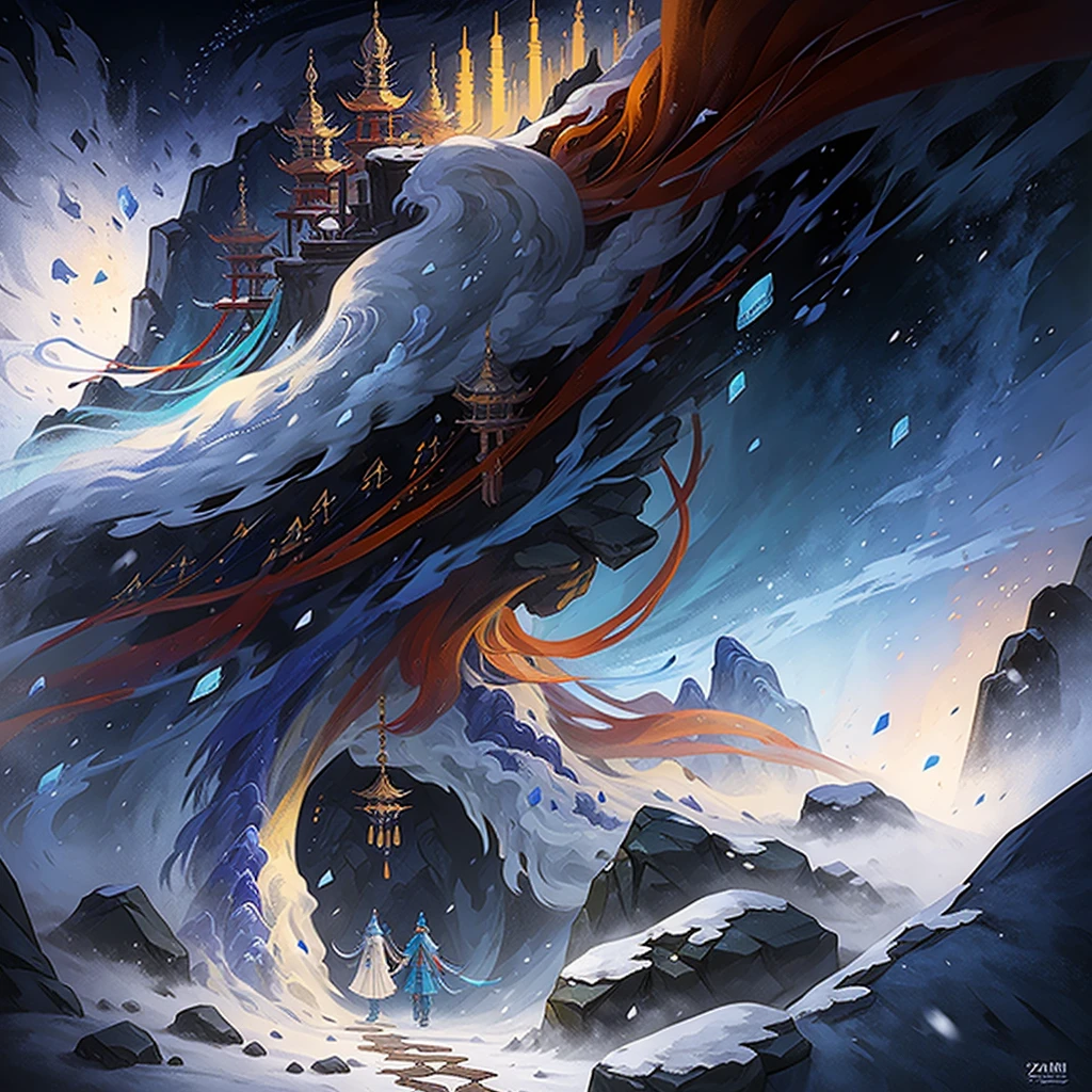 painting of a snowy mountain path with tibetan prayer flags, painterly illustration, colorful concept art, a beautiful artwork illustration, jen bartel, in the snow mountains, colorful digital painting, painterly concept art, by Simon Gaon, winter concept art, inspired by Tuomas Korpi, jessica rossier color scheme, with a snowy mountain and ice