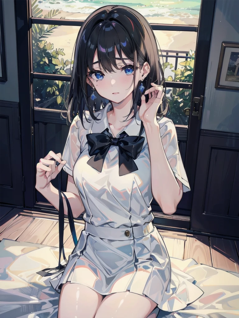 absurdres, RAW photo, extremely delicate and beautiful, masterpiece, Best Quality, ultra high resolution, 32k, hyperrealistic, ultra-detailed, in her 20s, delicate facial features, tearful mole, earring, medium breasts, full body shot, shorter middle hair, black hair, summer school_uniform shirt, sleeveless,
