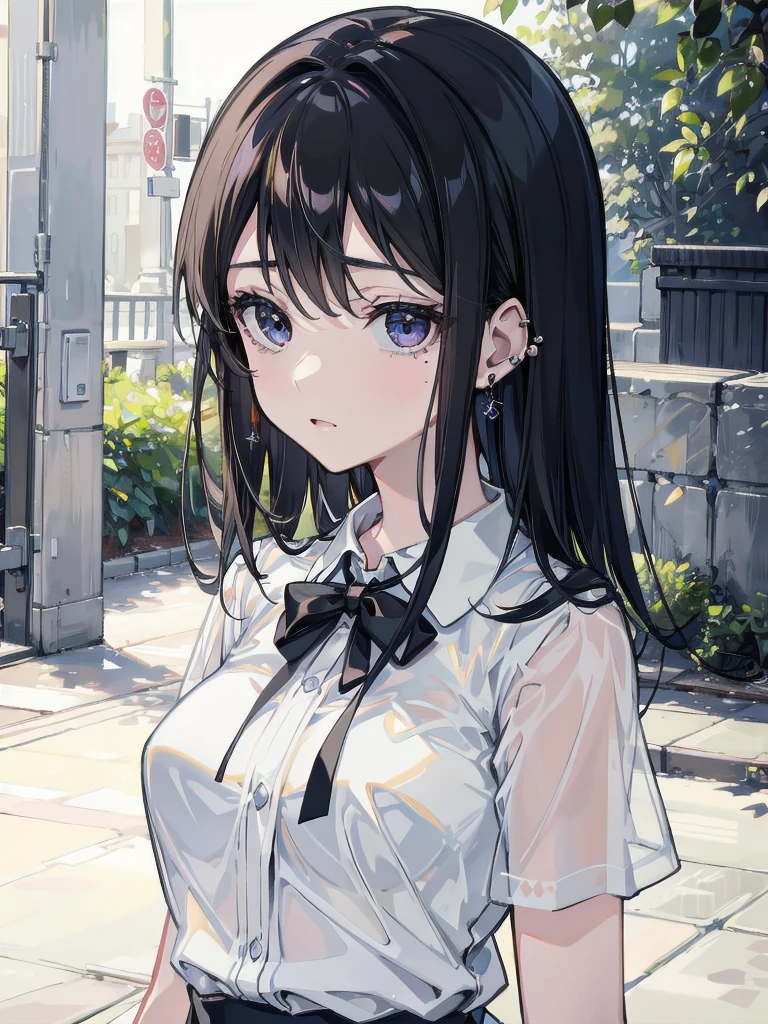 absurdres, RAW photo, extremely delicate and beautiful, masterpiece, Best Quality, ultra high resolution, 32k, hyperrealistic, ultra-detailed, in her 20s, delicate facial features, tearful mole, earring, medium breasts, full body shot, shorter middle hair, black hair, summer school_uniform shirt, sleeveless,