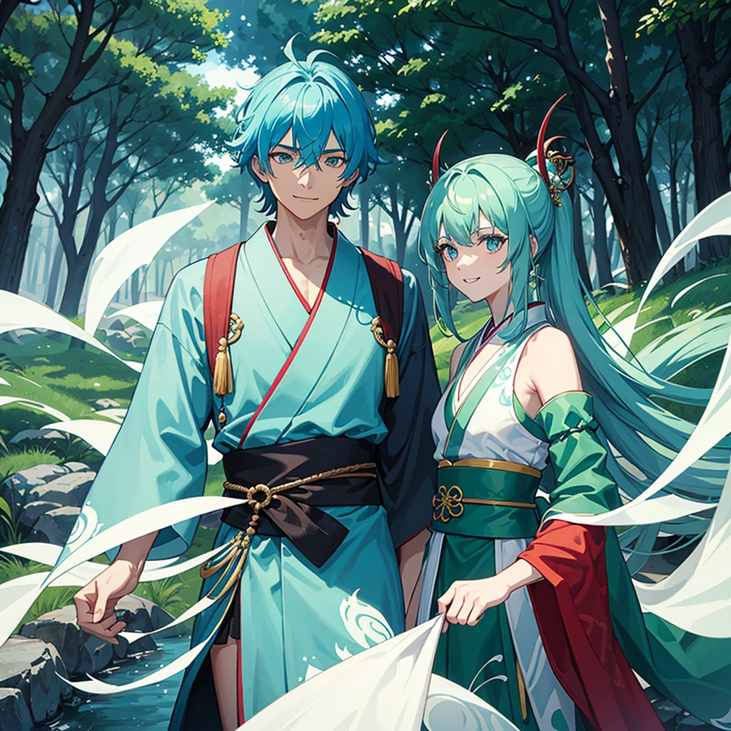 Demon slayer screenshot of a young man with somewhat tanned white skin, his right eye light turquoise blue his left eye bright emerald green, smiling kindly long strong blue hair tied in a long ponytail, She wears a carmine-colored kimono with white stars., forest landscape behind him. Screenshot season 2 from Ufotable Studios.