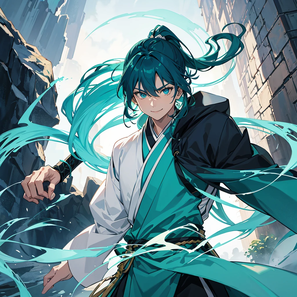 Demon slayer screenshot of a young man with somewhat tanned white skin, his right eye light turquoise blue his left eye bright emerald green, smiling kindly long strong blue hair tied in a long ponytail, She wears a carmine-colored kimono with white stars., forest landscape behind him. Screenshot season 2 from Ufotable Studios.