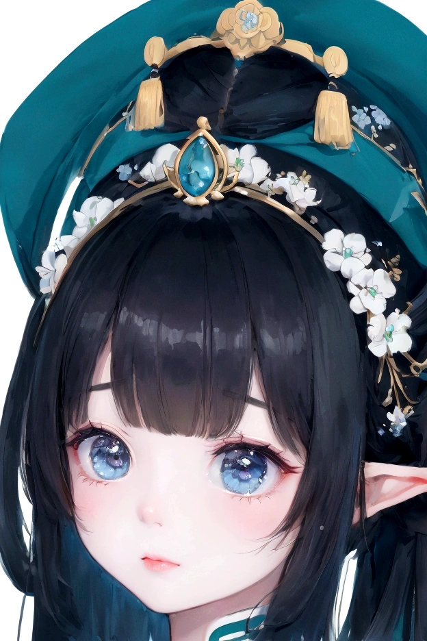 A Gongbi drawing，The picture shows a Chinese cartoon girl with black hair，Qing dynasty style，Exquisite headdress，Cute face，close up，Cartoon lithograph style，Extremely minimalist portrait，Animated gif，Rich details，Clear lines，Elf kei，Dark blue and light cyan，Matte light green background