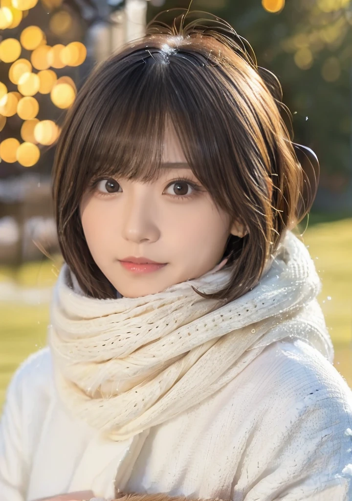 Being with a dog、Bonfire、Hair blowing in the wind、Medium Short Hair、Fluffy scarf、Expressing the whiteness of one's breath、Photo from the waist up、Night city illumination shot、Cowgirl Shot、Fur coat、豪華なグレーのミンクのFur coat、Wear fine leather boots、Luxury Bags、Inner turtleneck、Silver necklace and small silver earrings Millionaire style:1.4))、Full body photo、smile、 Caustics、Highly detailed photos、Very beautiful woman 、Ample breasts、No makeup、(8K、RAW Photos、Highest quality、masterpiece:1.2)、(Realistic、Realistic)、1 Girl、((Medium Short Hair、Midwinter、Cold region Snow falling、The wind is blowing、Fluttering Hair、Blur the background、Colorful illuminations、Looking into the camera:1.4))、