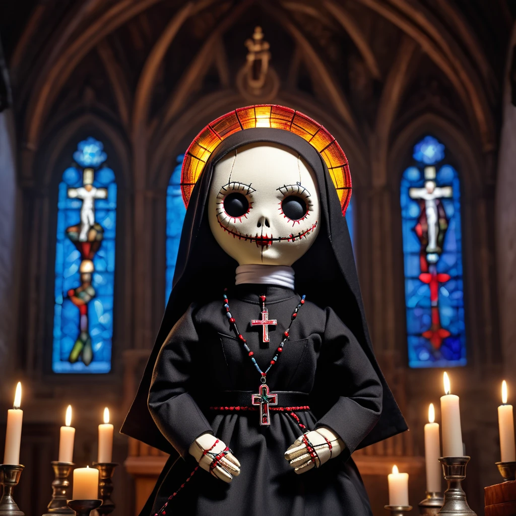 (knitted toy voodoo doll:1.5), (Voodoo Possessed Exorcist:1.3), (Clothing: tattered priestly robes with eerie patterns:1.0), (Accessories: enchanted crucifix emitting a ghostly glow, floating spectral demons:1.1), (background: dark, abandoned church with flickering candles, eerie whispers, and an atmosphere of unholy dread:1.2), best quality, masterpiece, detailed soft oil painting, detailed background, dramatic cinematic lighting, soft edge lighting, professional, dramatic lighting, hard edge lighting, ultra quality, 4k,masterpiece, best quality, 8k, ultra highres, highres, extremely detailed