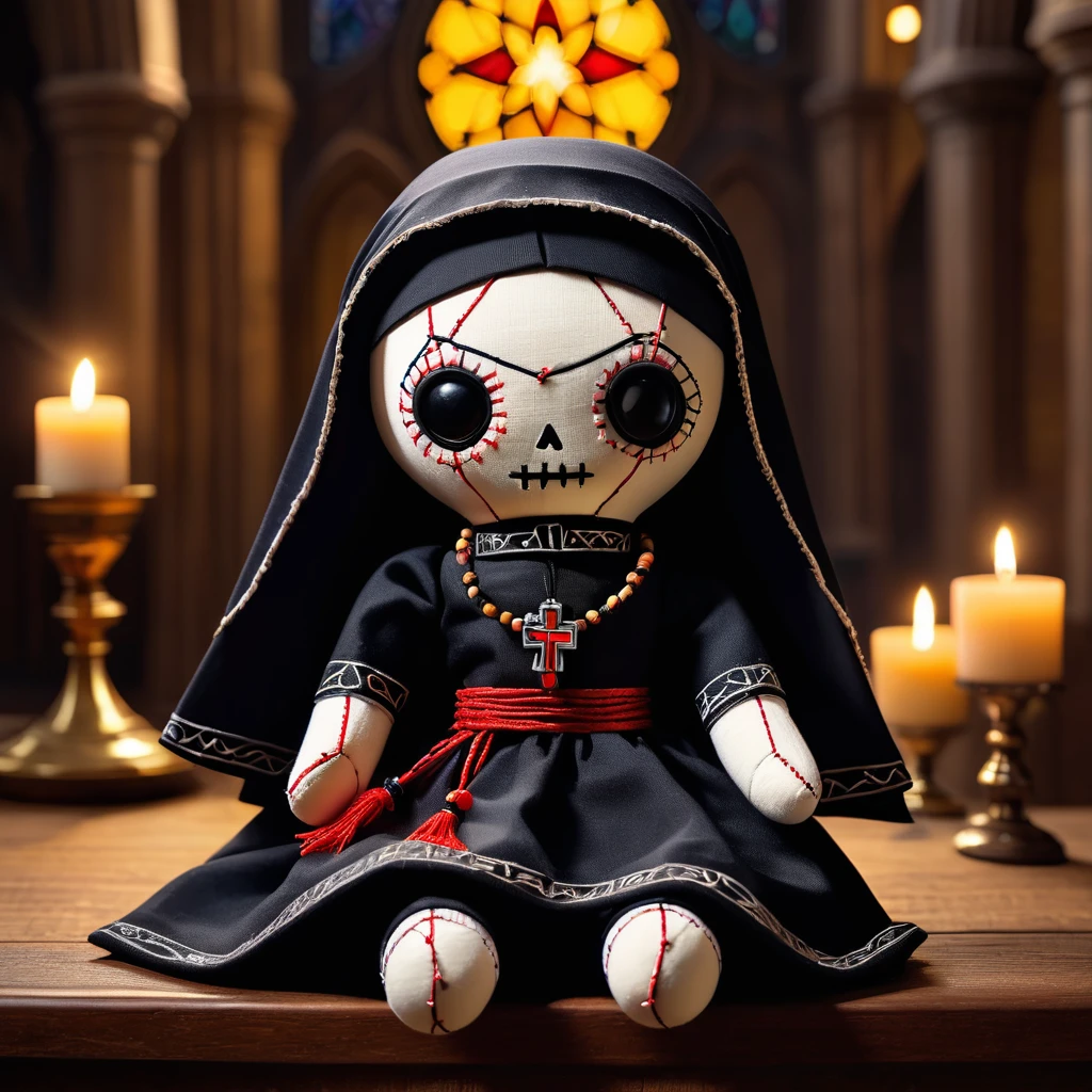 (knitted toy voodoo doll:1.7), (voodoo nun doll with glowing halo:1.4), (Clothing: traditional nun habit:1.0), (Accessories: rosary beads, small cross:1.1), (background: ancient cathedral with stained glass windows and soft, holy light:1.2), best quality, masterpiece, detailed soft oil painting, detailed background, dramatic cinematic lighting, soft edge lighting, professional, dramatic lighting, hard edge lighting, ultra quality, 4k, masterpiece, best quality, 8k, ultra high definition, high resolution, extremely detailed