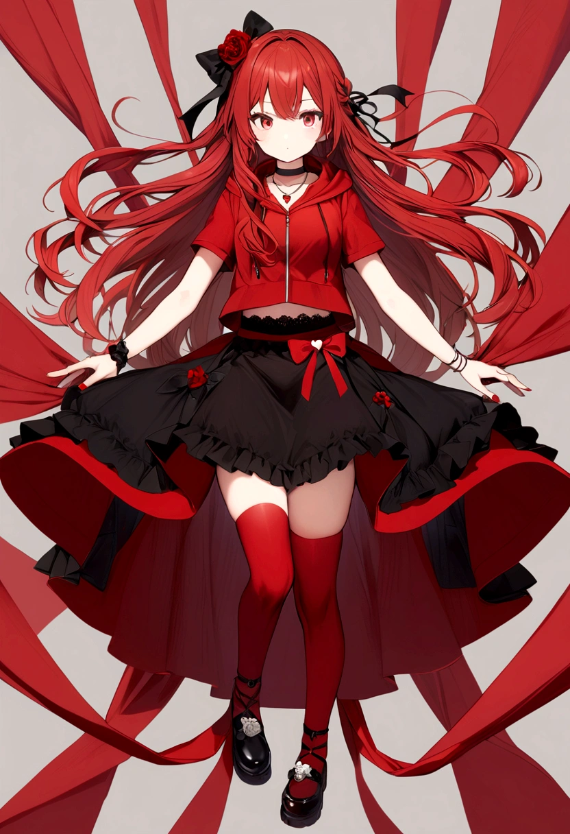 a girl with a black skirt and a small red shirt on top of is red stockings . red zip up hoodie, black shirt underneath with short sleeves and ,red hair, long hair and a flower with a ribbon on the bottom on the side on the hair and red eyes has a black Choker , and a small heart red necklace , has a ribbon bow waistband, main color red , full body 