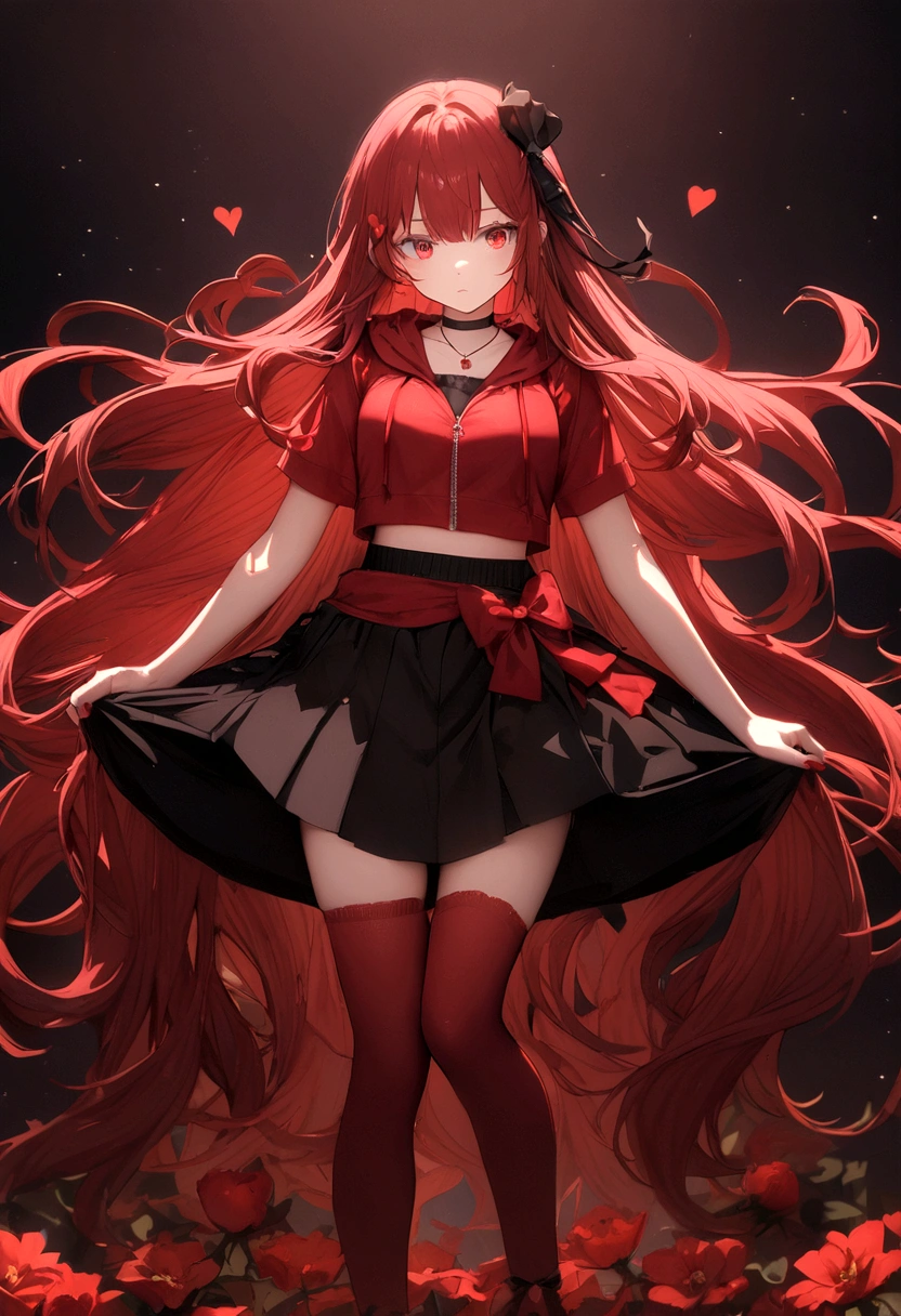 a girl with a black skirt and a small red shirt on top of is red stockings . red zip up hoodie, black shirt underneath with short sleeves and ,red hair, long hair and a flower with a ribbon on the bottom on the side on the hair and red eyes has a black Choker , and a small heart red necklace , has a ribbon bow waistband, main color red , full body 