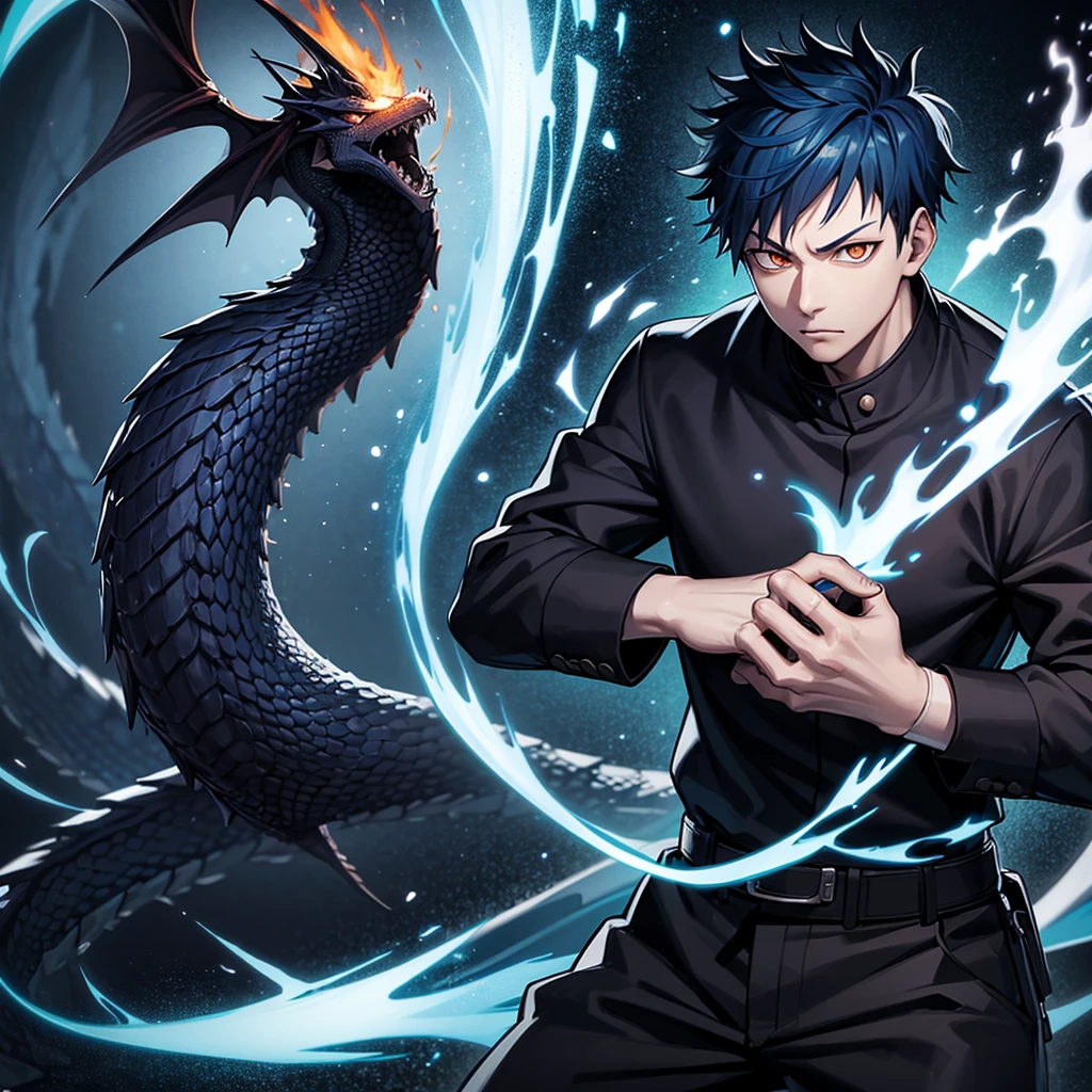 one japanese man, blue hair, orange eyes, high res, masterpiece, ultrasharp, jujustu kaisan style, jujutsu kaisen background, with a dragon
