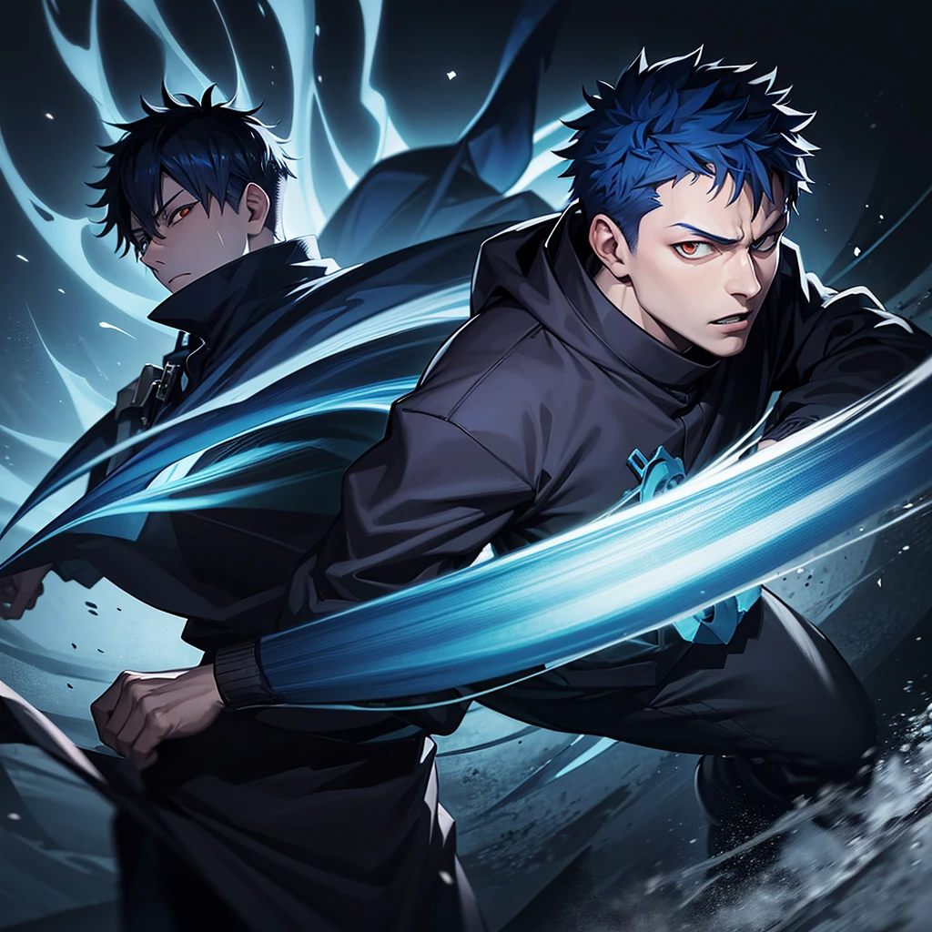 one japanese man, blue hair, orange eyes, high res, masterpiece, ultrasharp, jujustu kaisan style, jujutsu kaisen background, with a dragon