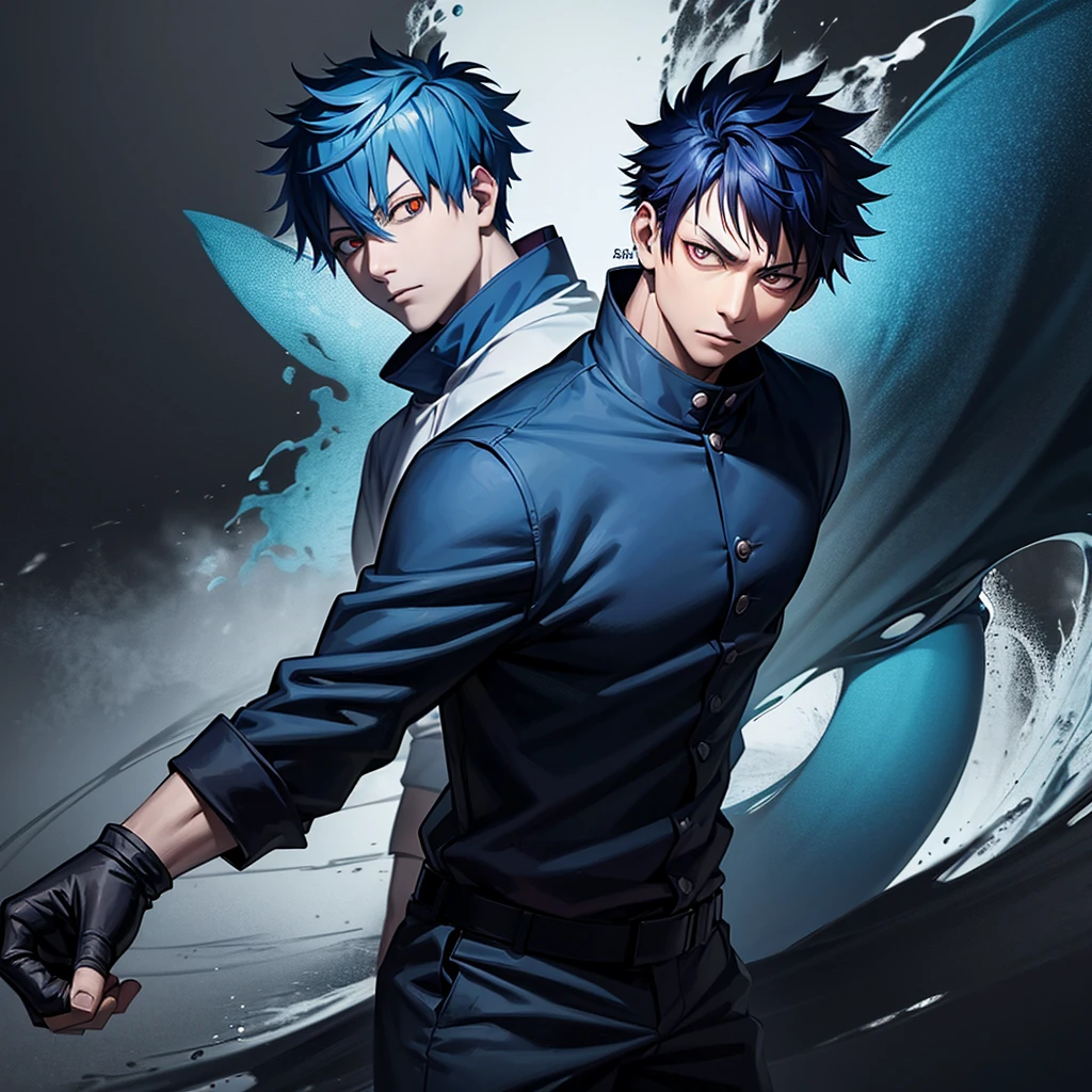 one japanese man, blue hair, orange eyes, high res, masterpiece, ultrasharp, jujustu kaisan style, jujutsu kaisen background, with a dragon