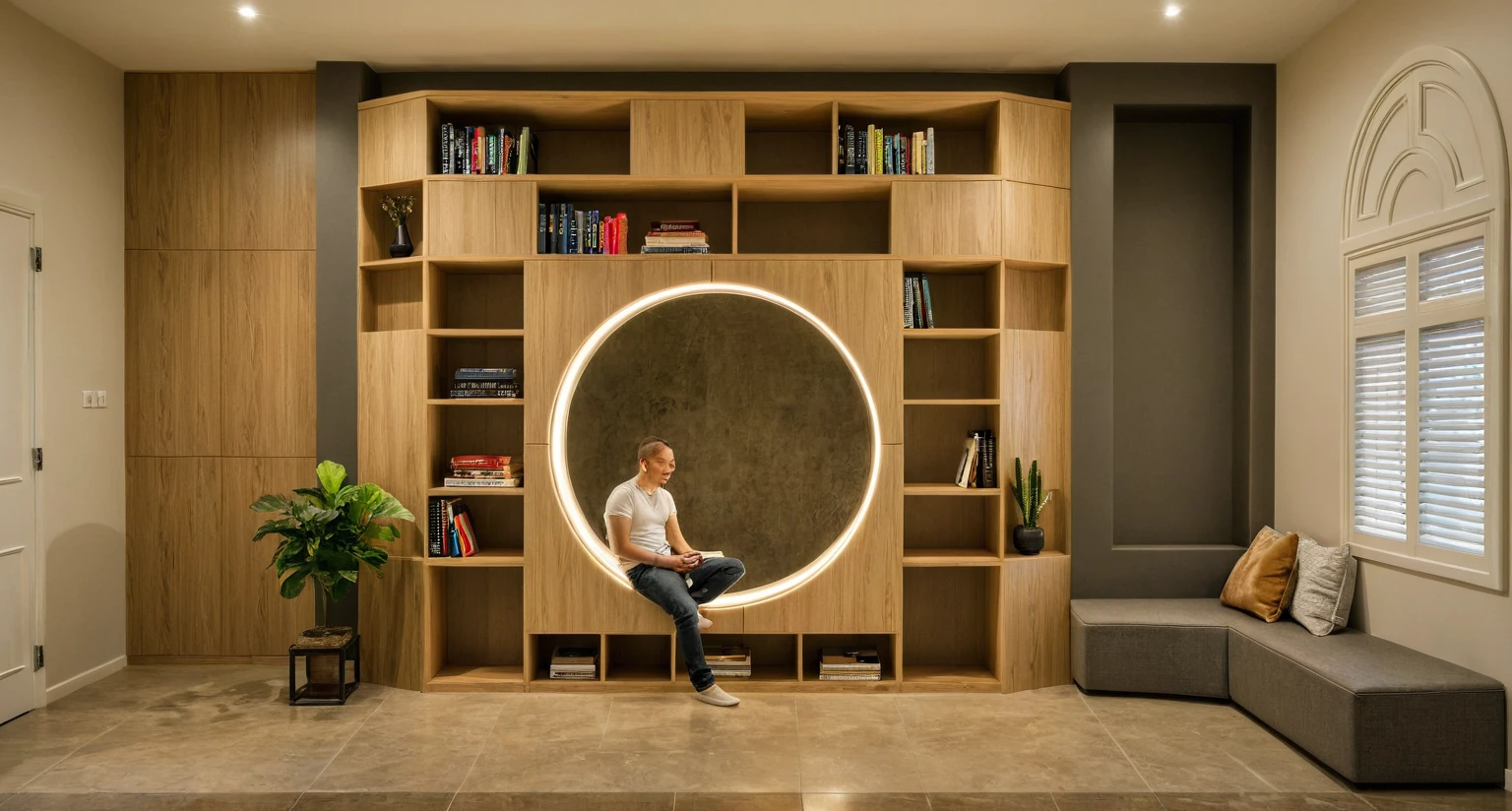 Raw photo, Masterpiece, high quality, best quality, authentic, super detail, interior, indoors, style modern, minimalist line, wooden, oak wood, led light, beige paint wall, sofa, atrium, LIVING ROOM, PEN HOUSE, kitchen, island kitchen, alu window, japan style, wasabi style, Jen style, steel stair, glass railing, penhouse