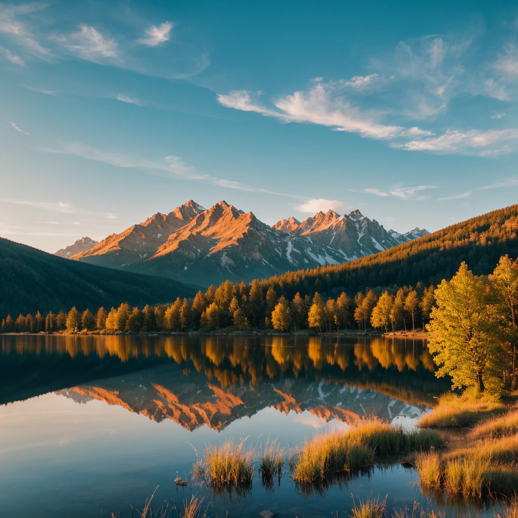 Beautiful landscape, sky, light, lake, gold