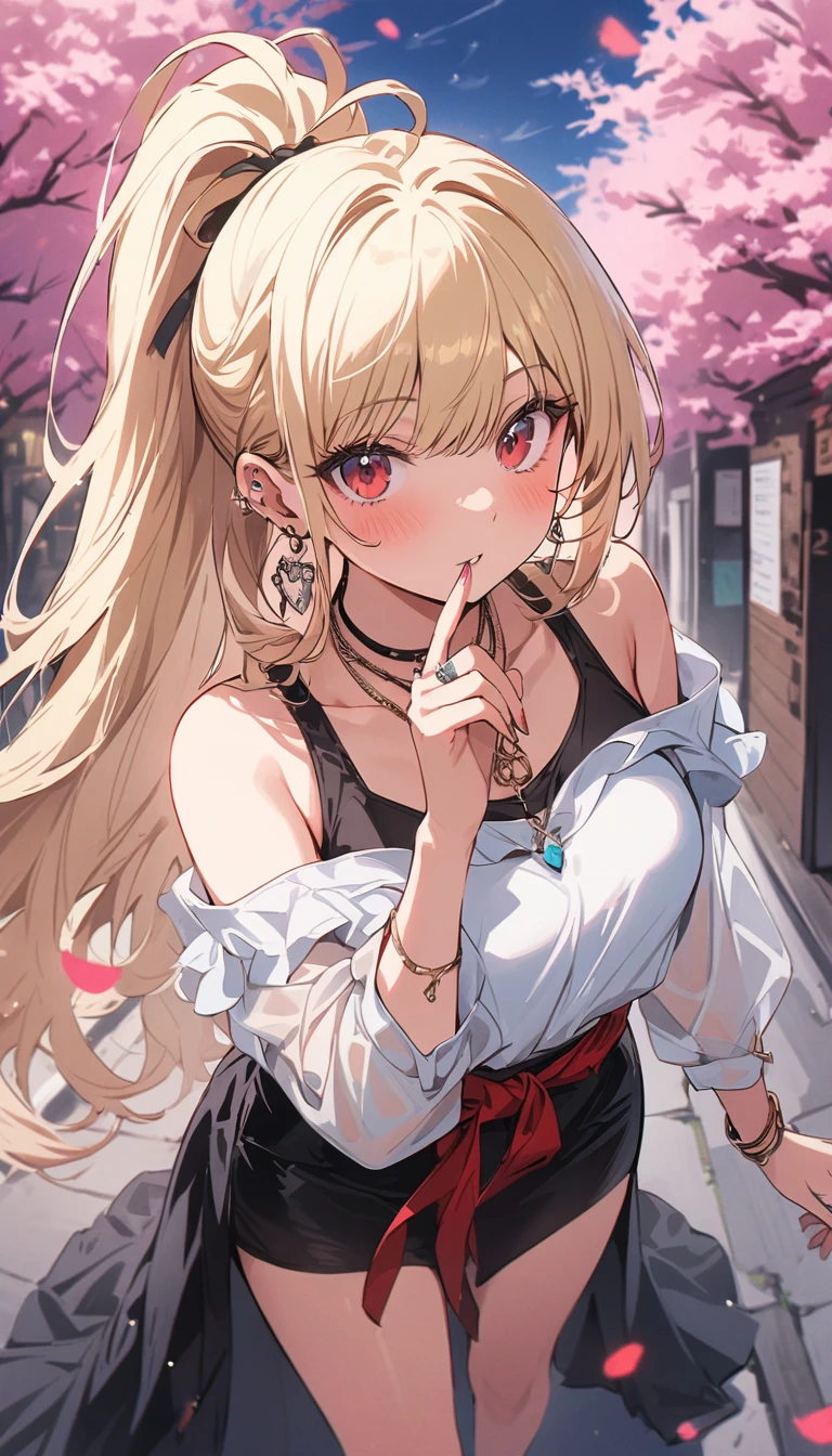 masterpiece, best quality, whole body, A girl, Long blond hair，blue eyes, black necklace, blush, bracelet, Chest, necklace, clothes surrounding area waist, clavicle, Cowboy shooting, ear Earrings, Eyebrows visible through hair, Fix, Jewelry, someone, Long blond hair, Viewer, Earrings, Red Eyes, ring, , High-end designer clothing，White top，Black hip skirt，solitary, street, Invalid, Cherry blossoms, petal,number, Fashionable, miss, Full of energy, pause, front, Colorful, Dynamic, background, element, Have confidence, Performance, Keep, statement, Accessories, majestic, curly, surrounding area, Touch, Scenes, cover, bold, attract attention, touch, Modern, trend, concentrated, Fashion,((masterpiece)), best quality, absurd, Very detailed, holographic, Cowboy shooting, Golden Ratio, Very cute girl, aldult, very beautiful, Super beautiful Asian girl，有着超级漂亮的blue eyes, very beautiful white hair, Radiant Skin, High Ponytail, Beautiful sexy body, delicate, Perfect body,