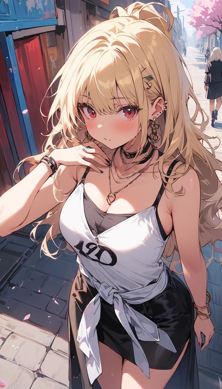 masterpiece, best quality, whole body, A girl, Long blond hair，blue eyes, black necklace, blush, bracelet, Chest, necklace, clothes surrounding area waist, clavicle, Cowboy shooting, ear Earrings, Eyebrows visible through hair, Fix, Jewelry, someone, Long blond hair, Viewer, Earrings, Red Eyes, ring, , High-end designer clothing，White top，Black hip skirt，solitary, street, Invalid, Cherry blossoms, petal,number, Fashionable, miss, Full of energy, pause, front, Colorful, Dynamic, background, element, Have confidence, Performance, Keep, statement, Accessories, majestic, curly, surrounding area, Touch, Scenes, cover, bold, attract attention, touch, Modern, trend, concentrated, Fashion,((masterpiece)), best quality, absurd, Very detailed, holographic, Cowboy shooting, Golden Ratio, Very cute girl, aldult, very beautiful, Super beautiful Asian girl，有着超级漂亮的blue eyes, very beautiful white hair, Radiant Skin, High Ponytail, Beautiful sexy body, delicate, Perfect body,