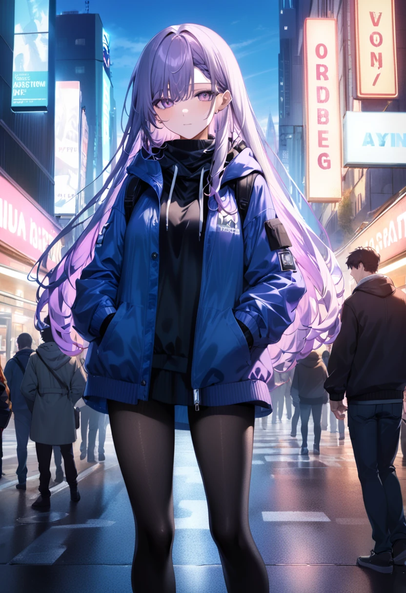 (masterpiece:1.37), best quality, (extremely detailed:1.37) woman, (adult:1.5), (very long hair:1.5), dark purple hair, purple eyes, (extremely detailed eyes:1.37), breasts, hoodie, jeans, (wetting herself:2.0), standing straight, full body day, daytime, glow, facing viewer, perfect composition, full body, city, street