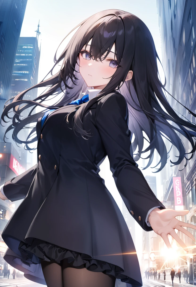 (masterpiece:1.37), best quality, (extremely detailed:1.37) woman, (adult:1.5), (very long hair:1.5), dark purple hair, purple eyes, (extremely detailed eyes:1.37), breasts, hoodie, jeans, (wetting herself:2.0), standing straight, full body day, daytime, glow, facing viewer, perfect composition, full body, city, street