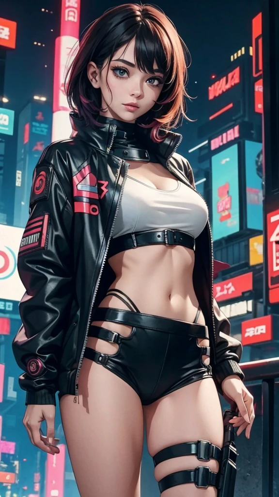 Best quality,Beautiful woman with medium hair, Cyberpunk-style short clothing, full shot
