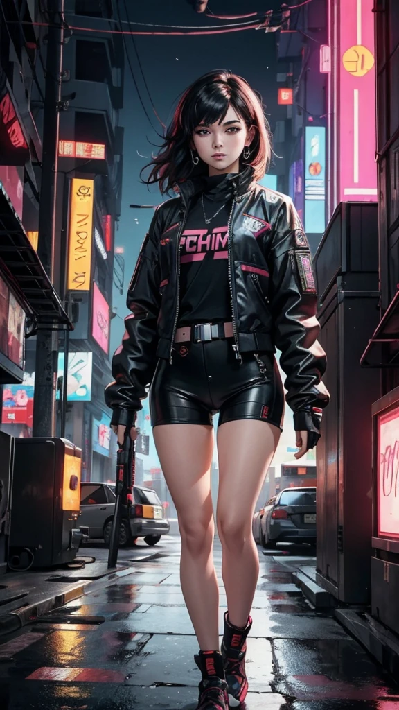  there is a woman in a short skirt and boots standing on the street, cyberpunk style clothing, in a cybercity, in the cyberpunk city,   Gothic city streets behind her  , anime-style mixed with fujifilm, ava max, with a city in the background, in front of a sci-fi cityscape, seraphine ahri kda, 3d anime style,  wearing cyberpunk street clothes  