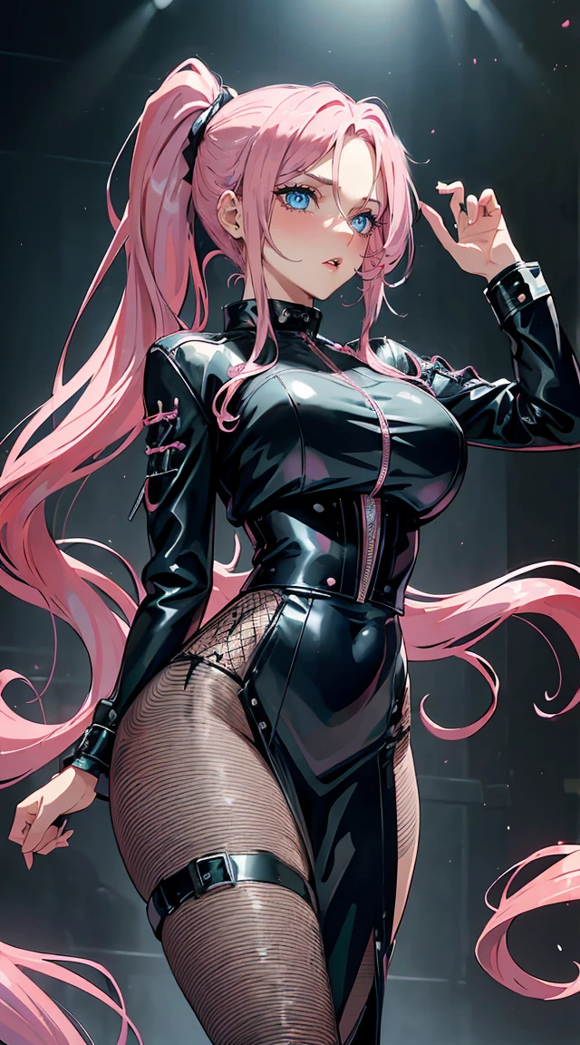 handsome WOMAN,blue-eyes,blue pupils,Long pink hair,Hyperresolution,accuracy,Detailed rendering,(Subtle facial image)(Image of fine hair)(topquality)(Masterpieces of masters)(High degree of completeness)(A sense of atmosphere)tmasterpiece,Super detailed and super detailed(half-body portrait), long wavy pink hair, (((tHICK WAVY HAIR)))(((ankle length hair)))(((Blushing)))(((Huge breasts)))(((LARGER BREASTS))) large breasts, bigger breasts (((Bigger breasts))) (((Blushing))) (((Sakimichan) )) (((Pink hair))) ((((black Rockstar outfit))) (((Leather black outfit))) (((Rockstar)))(((Fishnet tights)))(((cASUAL ROCK OUTFIT))) (((gRUNGE OUTFIT))) (((rOCK MAKEUP))) (((sINGING))) (((bLACK LEATHER OUTFIT))) (((bLACK EYELINER)))(((Fierce expression))) (((Focused))) (((Hair in a long ponytail))) (((Ponytail))) (((Sexy latex outfit)))(((Elf ears)))(((Spotlight)))(((tWINS SISTERS)))