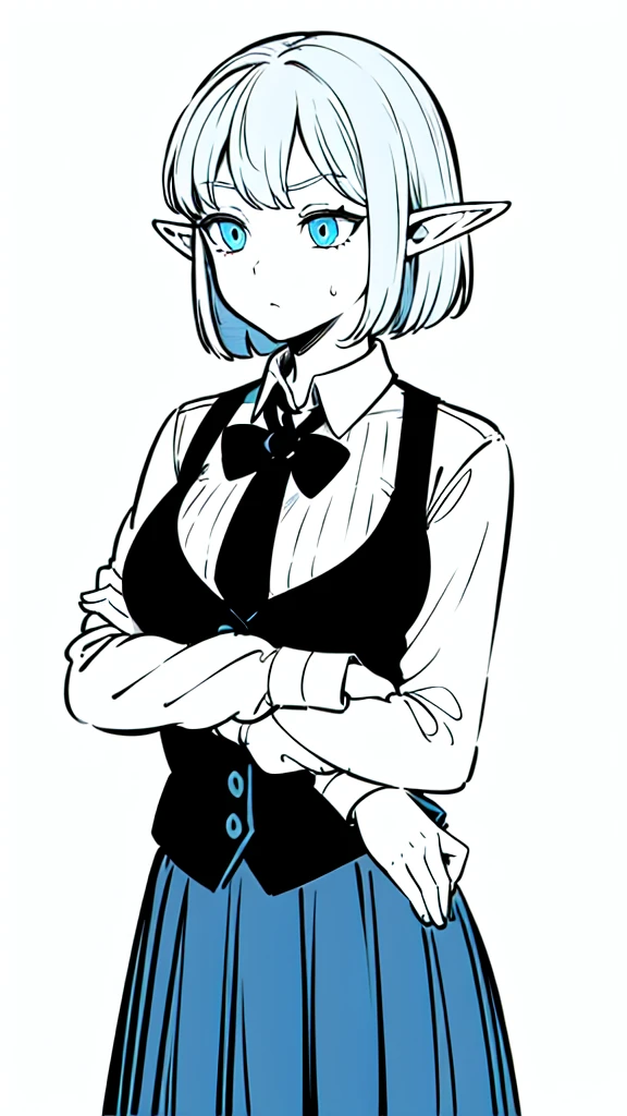1girl ,solo,20s,mature female,serious face,short hair,elf ears,(white background, line drawing),shirt,black standard tie,blue blazer,long sleeves, black pleated skirt,(upper body),frosty white Skin , Icy white hair ,Glacial blue eyes,ice hair