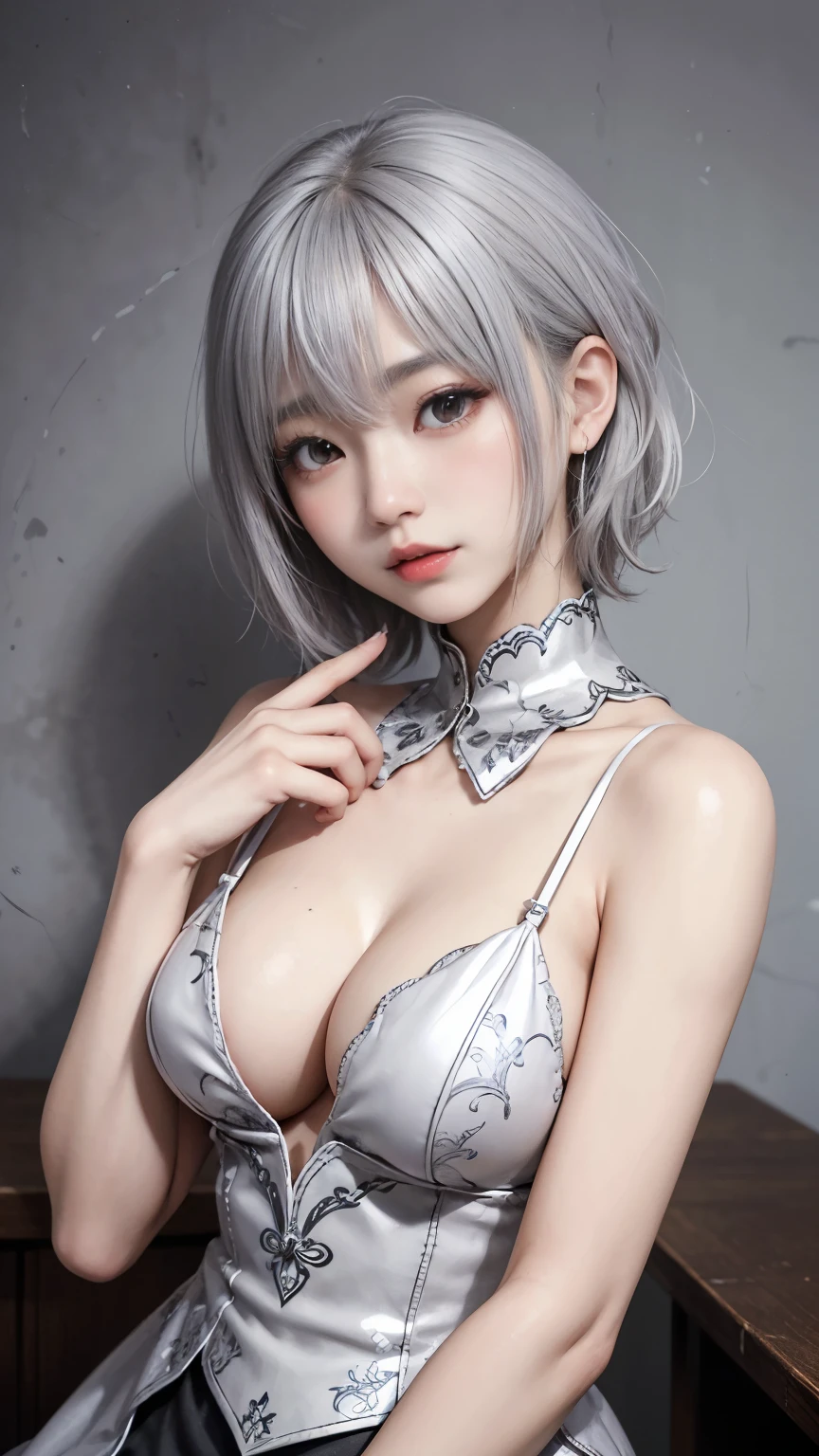 ((high quality)),Tabletop,(Detailed depiction of the site:1.2),1 Japanese girl,(Ample breasts:1.3),Enchanted Valley,Mouth closed,eyelash,Looking at the audience,Portraiture,alone,Upper Body,Gray Hair,White Theme,short hair,Silver Hair,Yoruhano. 2 Type B,