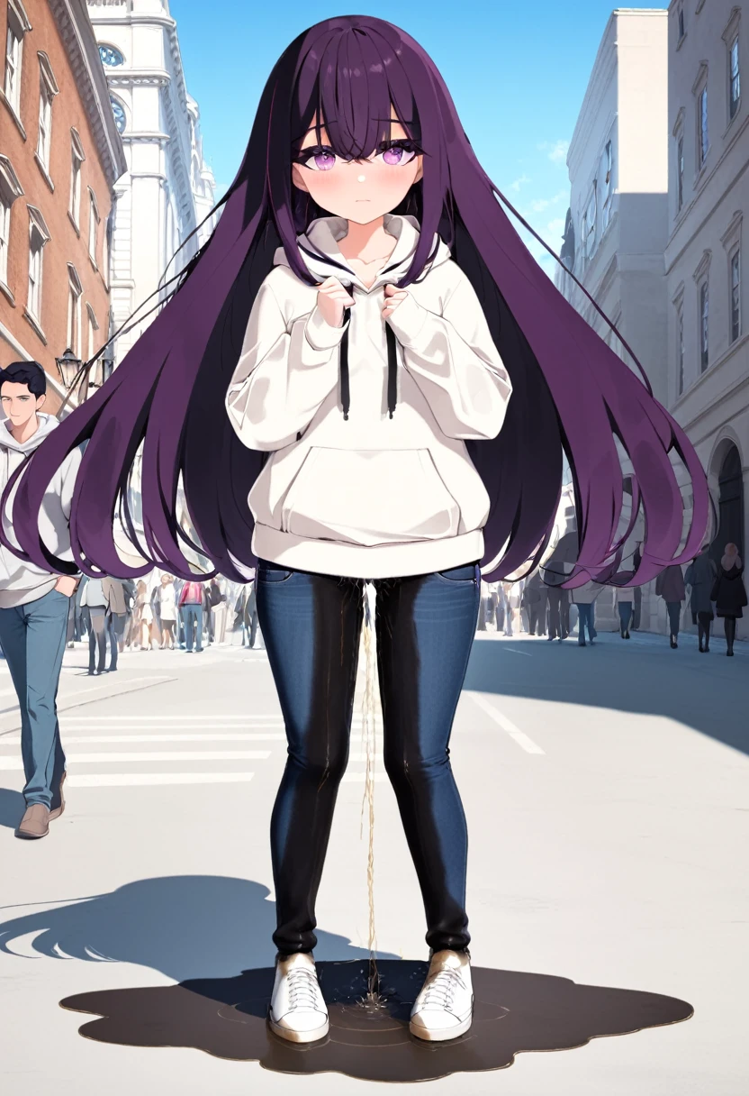 (masterpiece:1.37), best quality, (extremely detailed:1.37) woman, (adult:1.5), (very long hair:1.5), dark purple hair, purple eyes, (extremely detailed eyes:1.37), breasts, hoodie, jeans, (wetting herself:2.0), standing straight, full body day, daytime, glow, facing viewer, perfect composition, full body, city, street
