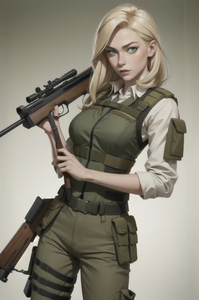 HD quality, blonde woman, russian traits, green eyes, attractive face, pale skin, military uniform, bulletproof vest, rifle in hand