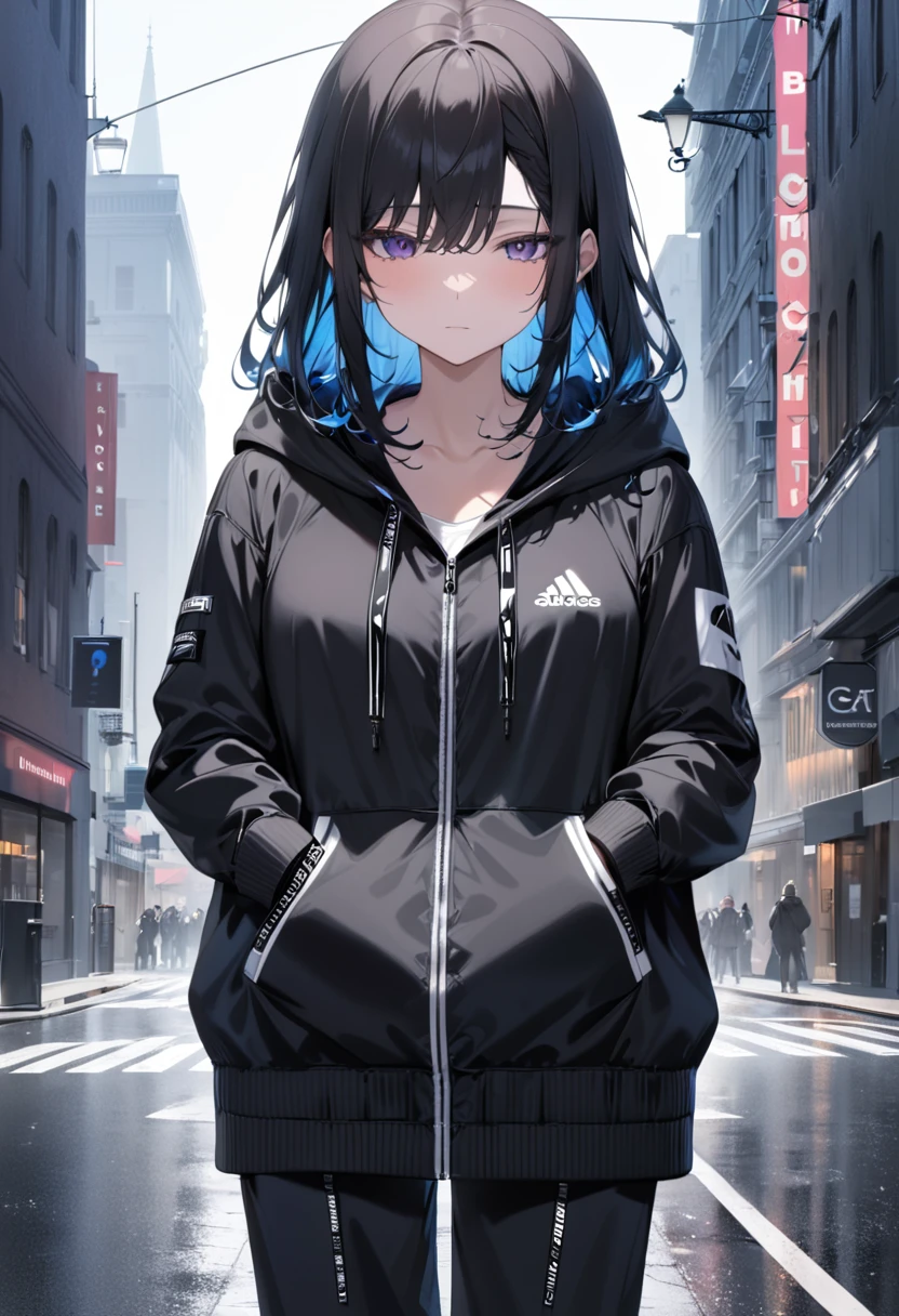 (masterpiece:1.37), best quality, (extremely detailed:1.37) woman, (adult:1.5), (very long hair:1.5), dark purple hair, purple eyes, (extremely detailed eyes:1.37), breasts, hoodie, jeans, (wetting herself:2.0), standing straight, full body day, daytime, glow, facing viewer, perfect composition, full body, city, street