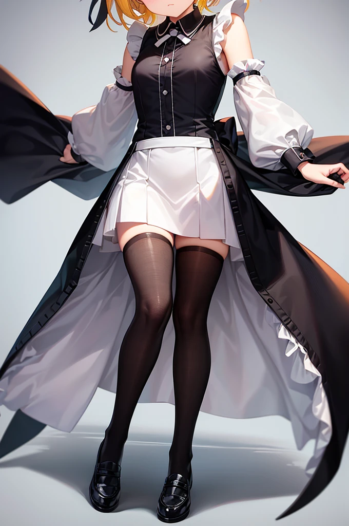 (Maid),(Black Loafers),Cute little ,Tiny ,Small girl,,Childish face, Very fine clean face,Top quality, Big eyes,Straight Hair,Yellow hair,Crimson Eye,(Dark Room), Subtle light, Natural light,Soft lighting,Light from directly behind, (Are standing),Black background