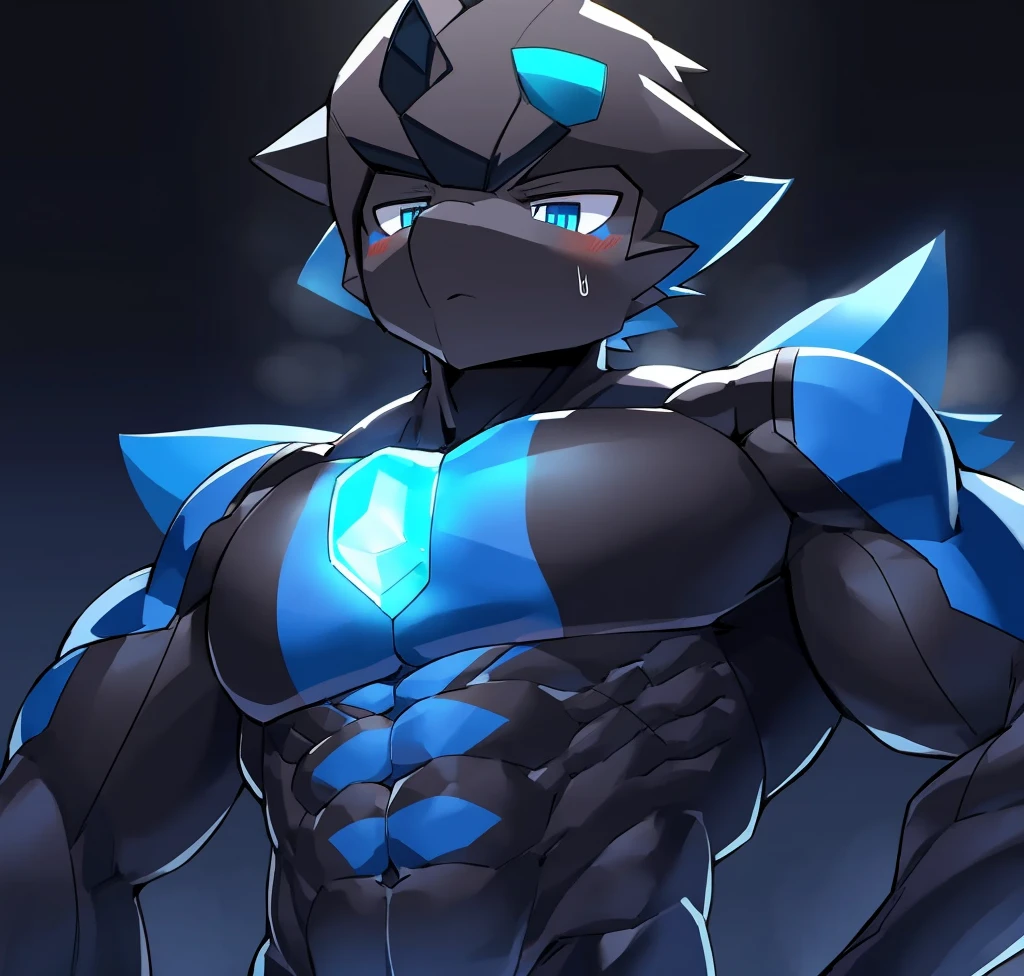 Thin macho　western black dragon　　abs　　　　　Hollow abs　　body suit　　thick arms　　　chest rig　　　、sweaty　　　skin glow　　profile　　Wearily　short of breath　　  　Chemo shota　　
have a 　blue eyes　Tired look 　ラバースーツ