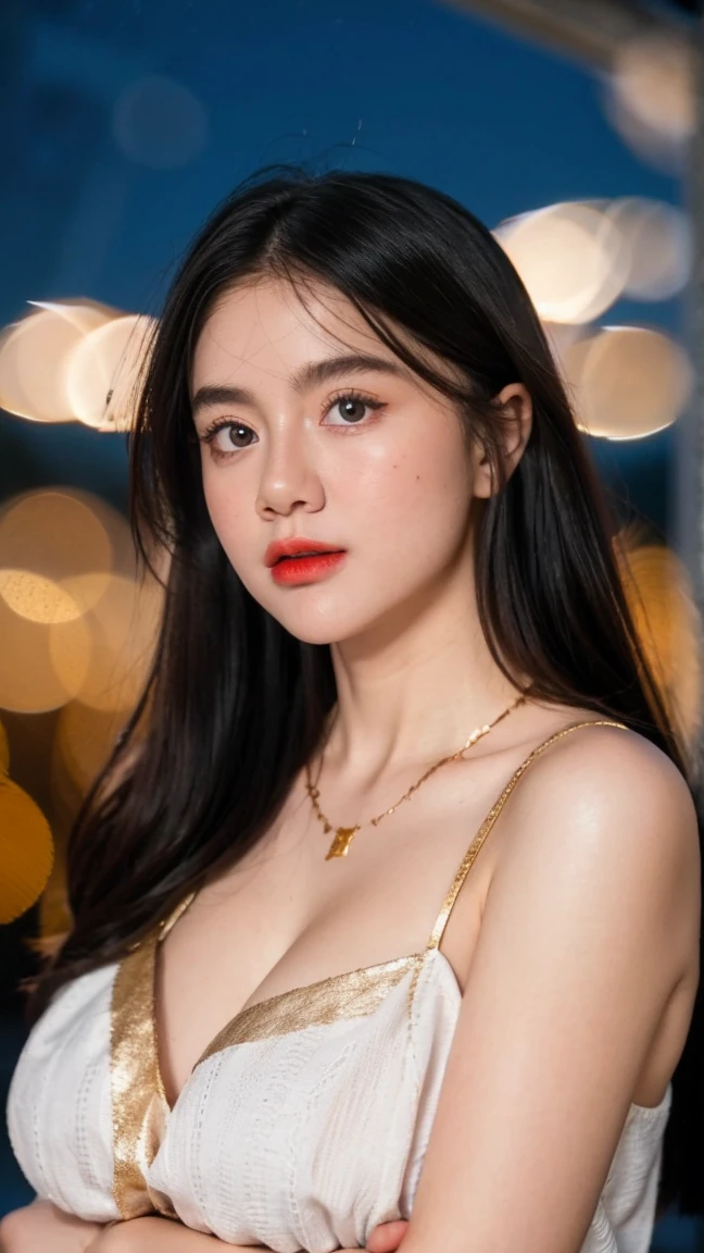 8K, Top Quality, Intricate Details, Ultra Detail, Ultra High Resolution, Masterpiece, random angle,  Slender, Smile, (Makeup: 0.4), (Fluffy Blue Eyes: 1.21), blue Eyes, looking at viewer, ((full body)), 1girl, solo, 1 girl, (( full body)), close up shot, ((tall)), (((fit body))), sharp face, sharp eyes, (((black hair, long hair, ))  (detailed face), sharp face, small lips, 
 ((Wearing red tank top, thight tank top)),  detailed face, detailed breast, large breast, detail ass, Beautiful girl with accentuated slender abs: 1.4, Six Pack Abs: 1.4, Bust Botox, Big, Perfect Body, detail leg, ((moonlight)), top of mountain