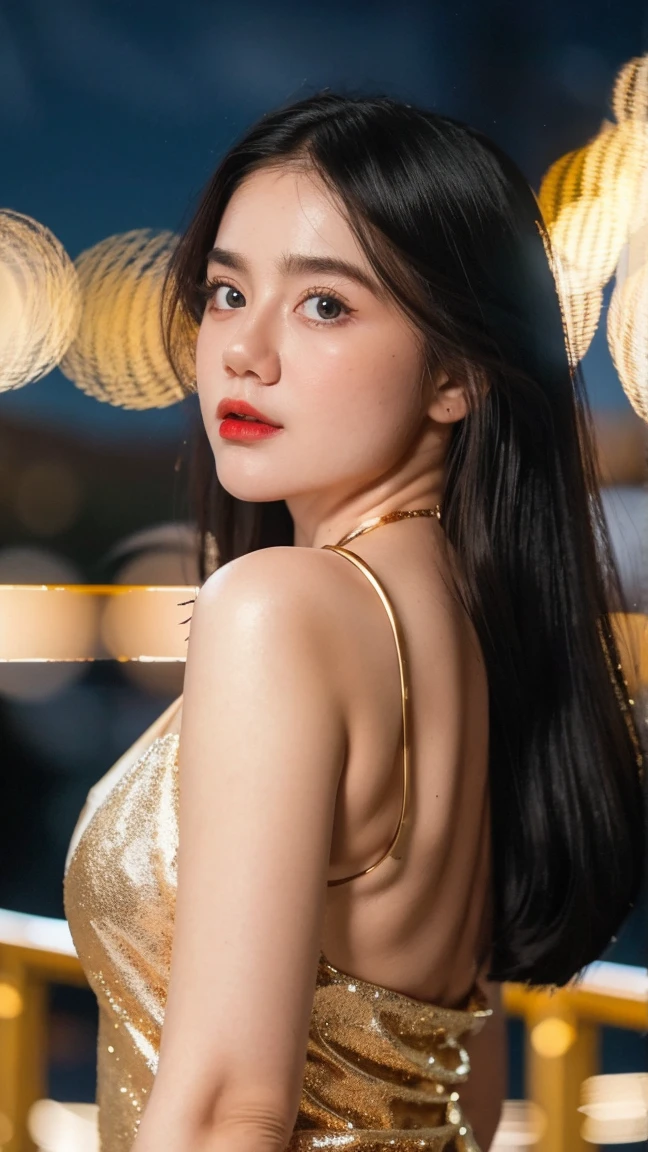 Adorable , Gorgeous , Beautiful , Russian Baby Face , Huge Round Colossal Chest , 30 Years Old , White Skin, red lipstick, sensual Lipstick, Sensational Lips glossy, Profetional make up, Slip Dress , Top of The Mountain Background , Wind , ((Bokeh:1.1)) , Blue Eye , ((White-Gold Coloured)) , ((Night:1.3)) , Standing Pose , HDR , Ultra Detailed , EF 24-70mm f/2.8L II USM