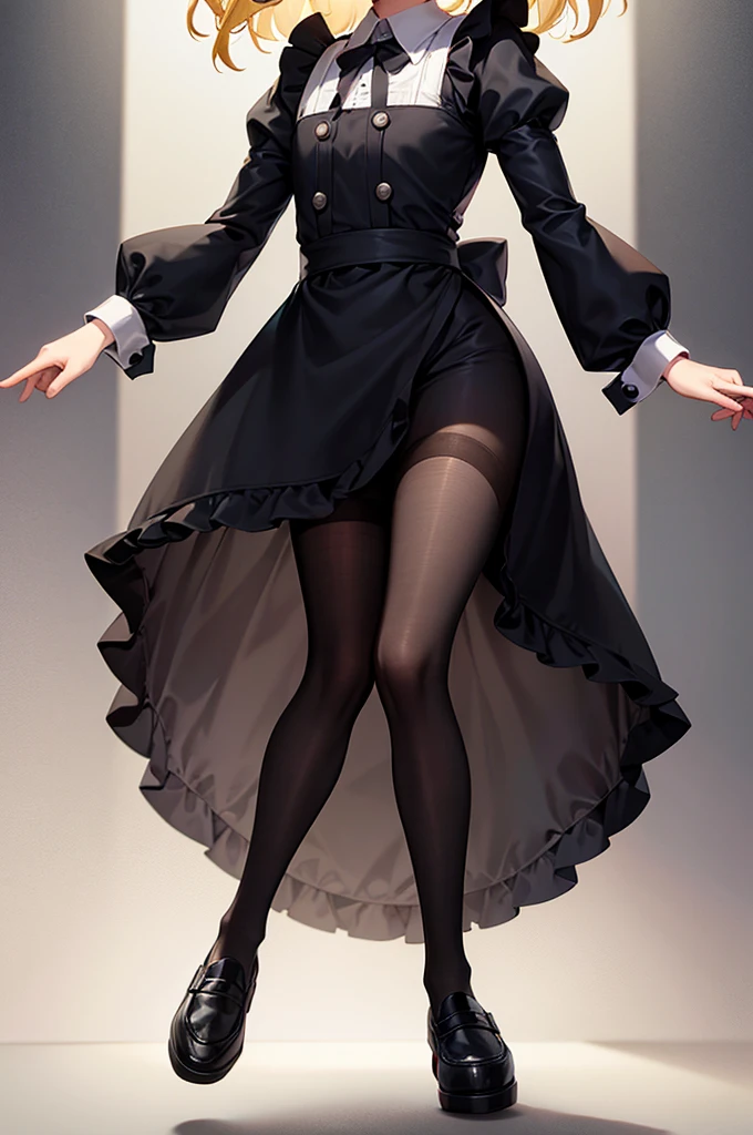 (Maid),(Black Loafers),Cute little ,Tiny ,Small girl,,Childish face, Very fine clean face,Top quality, Big eyes,Straight Hair,Yellow hair,Crimson Eye,(Dark Room), Subtle light, Natural light,Soft lighting,Light from directly behind, (Are standing),Black background