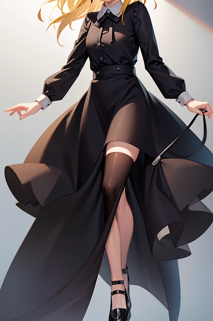 (Maid),(Black Loafers),Cute little ,Tiny ,Small girl,,Childish face, Very fine clean face,Top quality, Big eyes,Straight Hair,Yellow hair,Crimson Eye,(Dark Room), Subtle light, Natural light,Soft lighting,Light from directly behind, (Are standing),Black background