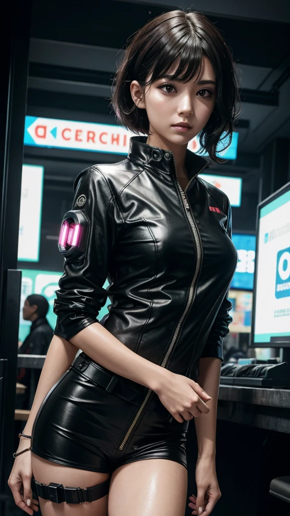 Best quality,Beautiful woman with medium hair, Cyberpunk-style short clothing, full shot