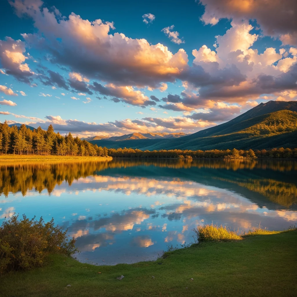 Beautiful landscape, sky, light, lake, gold