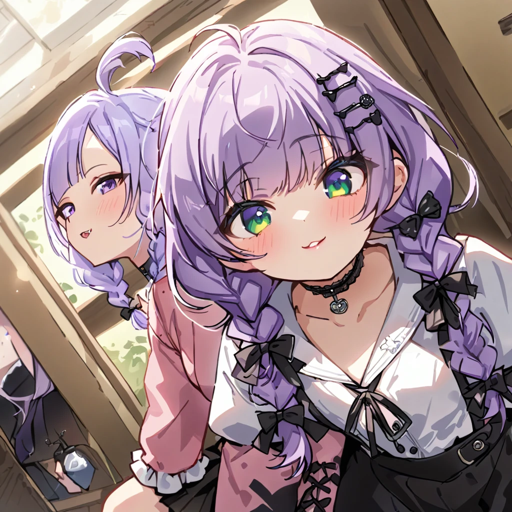 a masterpiece, beautiful eyes, a beautiful face, beautiful depiction, details, ultra detailed, 8K, masterpiece, Angle looking up from below.happy, a girl, kawaii, ,mesugaki, fangs,
light atmosphere, mysterious atmosphere, (Cute 2girls:1.5), (2girls with closs hair pin,pale purple hair,wavy two braids,bluntbangs hair,green and black eyes,
pink shirt,cosplay, jirai kei, bangs, black skirt, black bow, looking at viewer, bow, long sleeves, choker, ribbon,pink lips,Thick-soled boots,portrait shot :1.4),boots focus,
(masterpiece:1.3), anime visual, (Lovey-dovey:1.5), (tilt head:1.3), extremely delicate face, soft clean focus, realistic lighting and shading, (an extremely delicate and beautiful art:1.3),
Two college-aged women are sitting on a bench drinking tea from a plastic bottle. Their legs are slightly open, exposing their underwear. One girl has lavender-colored twin braids hair and green eyes, the other girl has silver-colored ponytail hair and blue eyes,