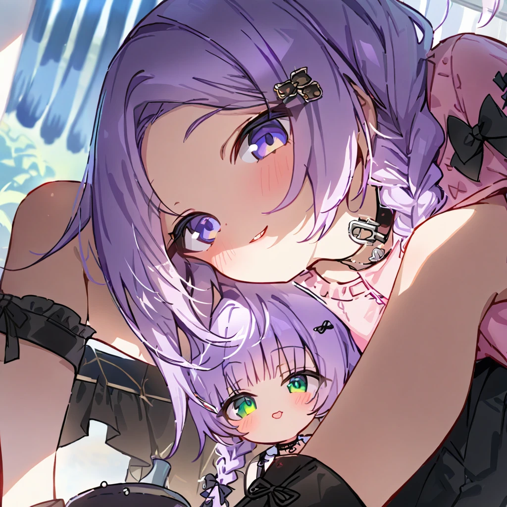 a masterpiece, beautiful eyes, a beautiful face, beautiful depiction, details, ultra detailed, 8K, masterpiece, Angle looking up from below.happy, a girl, kawaii, ,mesugaki, fangs, 
light atmosphere, mysterious atmosphere, (Cute 2girls:1.5), (2girls with closs hair pin,pale purple hair,wavy two braids,bluntbangs hair,green and black eyes,
pink shirt,cosplay, jirai kei, bangs, black skirt, black bow, looking at viewer, bow, long sleeves, choker, ribbon,pink lips,Thick-soled boots,portrait  shot :1.4),boots focus,
(masterpiece:1.3), anime visual, (Lovey-dovey:1.5), (tilt head:1.3), extremely delicate face, soft clean focus, realistic lighting and shading, (an extremely delicate and beautiful art:1.3),
Two college-aged women are sitting on a bench drinking tea from a plastic bottle. Their legs are slightly open, exposing their underwear. One girl has lavender-colored twin braids hair and green eyes, the other girl has silver-colored ponytail hair and blue eyes,