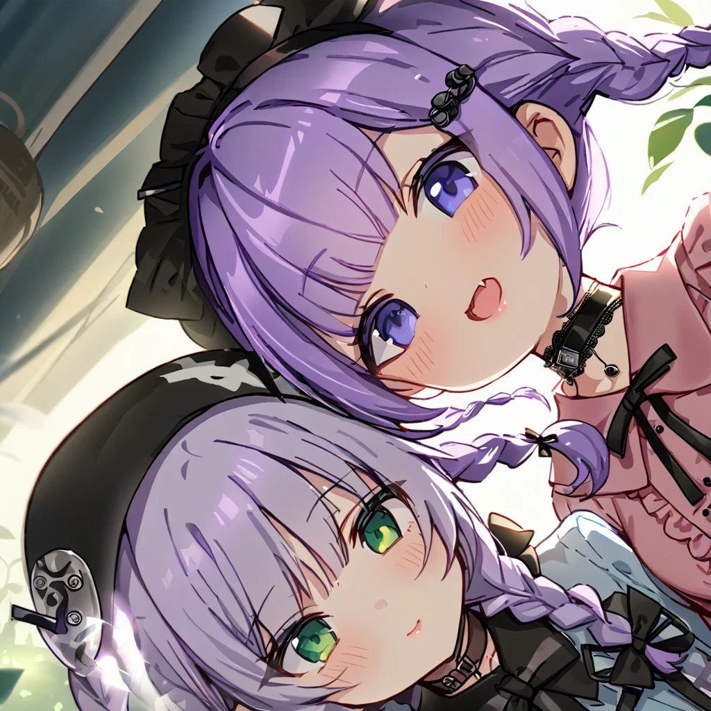 a masterpiece, beautiful eyes, a beautiful face, beautiful depiction, details, ultra detailed, 8K, masterpiece, Angle looking up from below.happy, a girl, kawaii, ,mesugaki, fangs, 
light atmosphere, mysterious atmosphere, (Cute 2girls:1.5), (2girls with closs hair pin,pale purple hair,wavy two braids,bluntbangs hair,green and black eyes,
pink shirt,cosplay, jirai kei, bangs, black skirt, black bow, looking at viewer, bow, long sleeves, choker, ribbon,pink lips,Thick-soled boots,portrait  shot :1.4),boots focus,
(masterpiece:1.3), anime visual, (Lovey-dovey:1.5), (tilt head:1.3), extremely delicate face, soft clean focus, realistic lighting and shading, (an extremely delicate and beautiful art:1.3),
Two college-aged women are sitting on a bench drinking tea from a plastic bottle. Their legs are slightly open, exposing their underwear. One girl has lavender-colored twin braids hair and green eyes, the other girl has silver-colored ponytail hair and blue eyes,