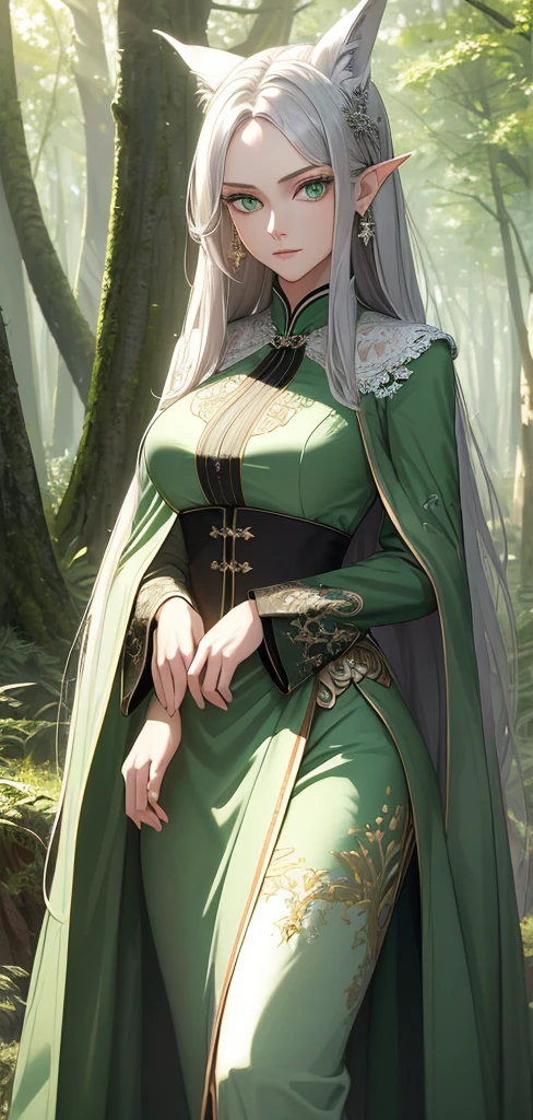 (((masterpiece, best quality, Super Detail))), ((Very refined)), ((Beautiful and delicate face)), A woman, Divine Beauty Silver Long Straight Hair, Beautiful bright green eyes, Long ears, Green clothes,forest精灵,Serious expression, forest, Sunlight through the trees,