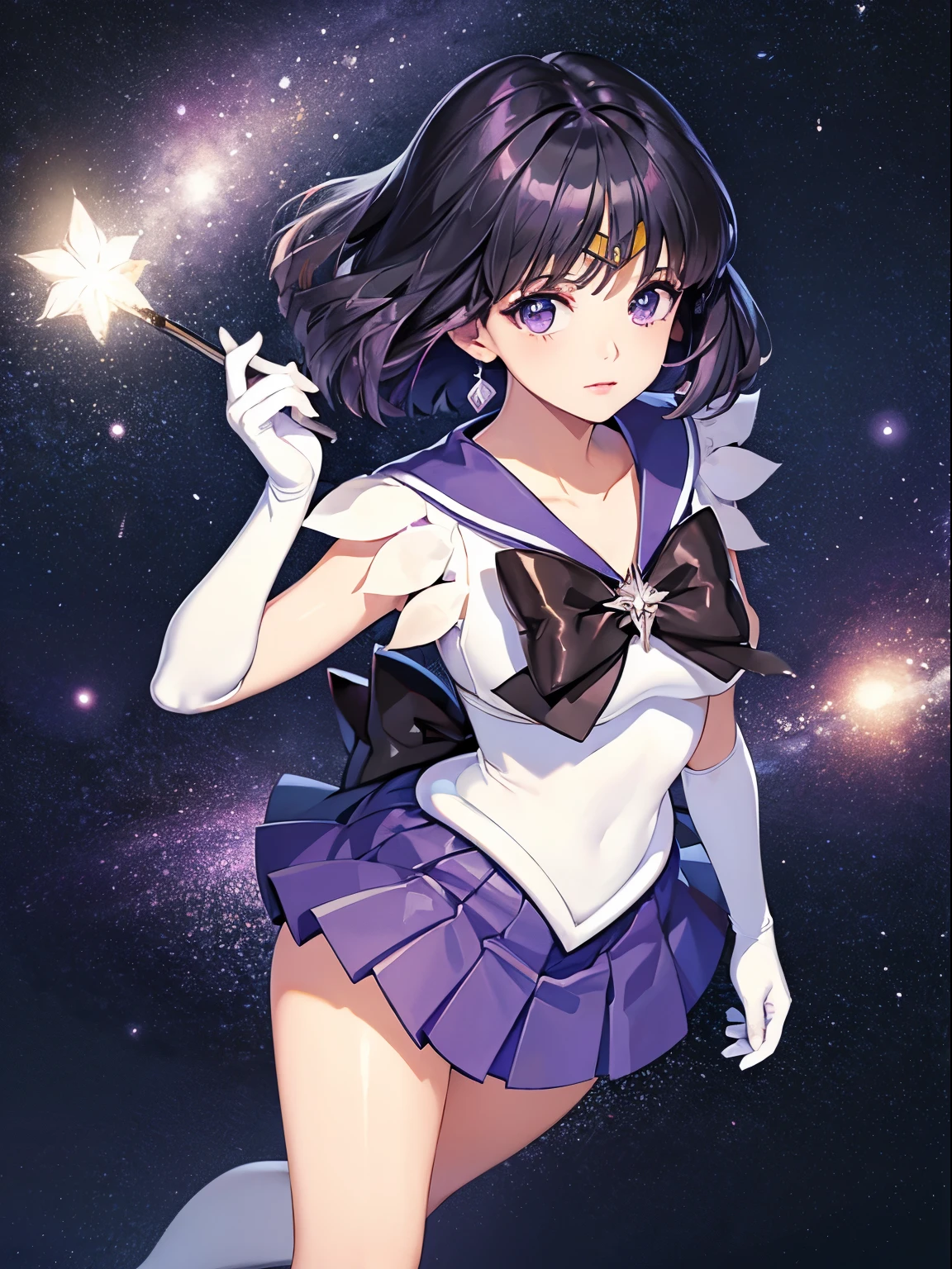 sailor saturn, 1 girl, black hair, short hair, purple eyes, detailed eyes, simple background, female focus, alone, Standing, Hotaru Tomoe, portrait, full body, (Masterpiece:1.0), (best quality:1.0) , (wallpaper 8k:1.0), (detailed beautiful face:1.0), (detailed deep eyes), deep eyes, looking at viewer, sailor scout, lilac bow on chest, lilac skirt, white gloves,,