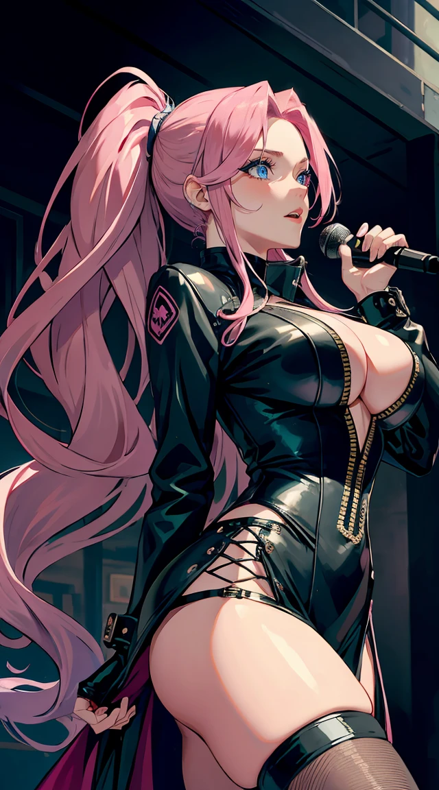 handsome WOMAN,blue-eyes,blue pupils,Long pink hair,Hyperresolution,accuracy,Detailed rendering,(Subtle facial image)(Image of fine hair)(topquality)(Masterpieces of masters)(High degree of completeness)(A sense of atmosphere)tmasterpiece,Super detailed and super detailed(half-body portrait), long wavy pink hair, (((tHICK WAVY HAIR)))(((ankle length hair)))(((Blushing)))(((Huge breasts)))(((LARGER BREASTS))) large breasts, bigger breasts (((Bigger breasts))) (((Blushing))) (((Sakimichan) )) (((Pink hair))) ((((black Rockstar outfit))) (((Leather black outfit))) (((Rockstar)))(((Fishnet tights)))(((cASUAL ROCK OUTFIT))) (((gRUNGE OUTFIT))) (((rOCK MAKEUP))) (((sINGING))) (((bLACK LEATHER OUTFIT))) (((bLACK EYELINER)))(((Fierce expression))) (((Focused))) (((Hair in a long ponytail))) (((Ponytail))) (((Sexy latex outfit)))(((Elf ears)))(((fIERCE EXPRESSION)))