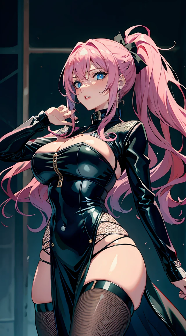 handsome WOMAN,blue-eyes,blue pupils,Long pink hair,Hyperresolution,accuracy,Detailed rendering,(Subtle facial image)(Image of fine hair)(topquality)(Masterpieces of masters)(High degree of completeness)(A sense of atmosphere)tmasterpiece,Super detailed and super detailed(half-body portrait), long wavy pink hair, (((tHICK WAVY HAIR)))(((ankle length hair)))(((Blushing)))(((Huge breasts)))(((LARGER BREASTS))) large breasts, bigger breasts (((Bigger breasts))) (((Blushing))) (((Sakimichan) )) (((Pink hair))) ((((black Rockstar outfit))) (((Leather black outfit))) (((Rockstar)))(((Fishnet tights)))(((cASUAL ROCK OUTFIT))) (((gRUNGE OUTFIT))) (((rOCK MAKEUP))) (((sINGING))) (((bLACK LEATHER OUTFIT))) (((bLACK EYELINER)))(((Fierce expression))) (((Focused))) (((Hair in a long ponytail))) (((Ponytail))) (((Sexy latex outfit)))(((Elf ears)))(((fIERCE EXPRESSION)))