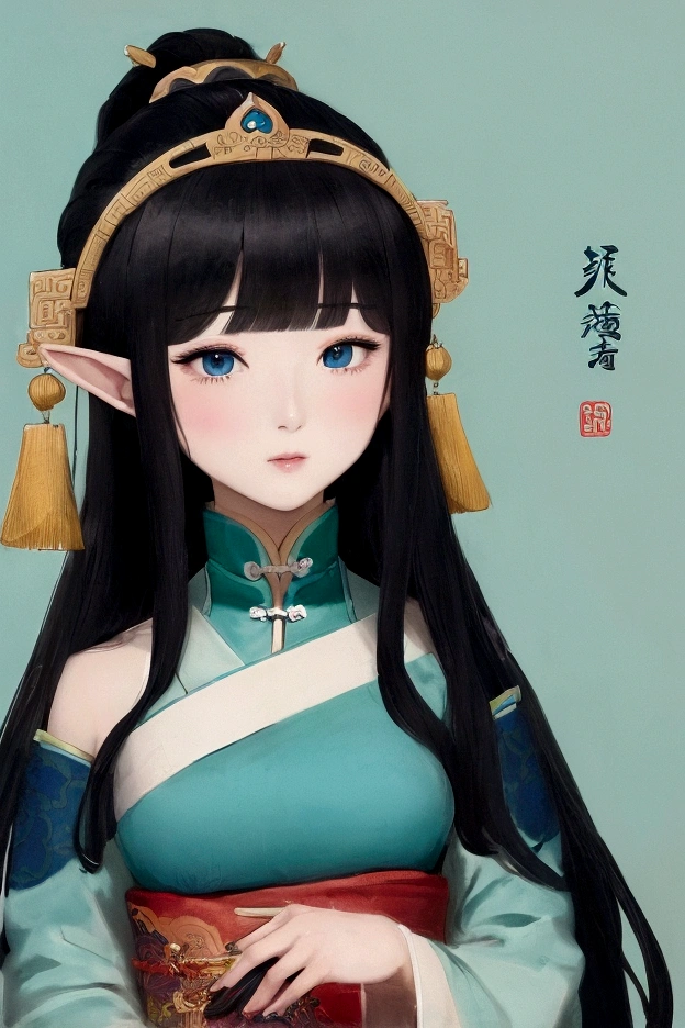 A Gongbi drawing，The picture shows a Chinese cartoon girl with black hair，Song Dynasty Style，Exquisite headdress，Cute face，A beautiful artistic illustration, Close-up of Mei Qing&#39;s detailed paintings,Ukiyo-e,Cartoon lithograph style，Extremely minimalist portrait，Rich details，Clear lines，Elf dark blue and light cyan，Matte light green background